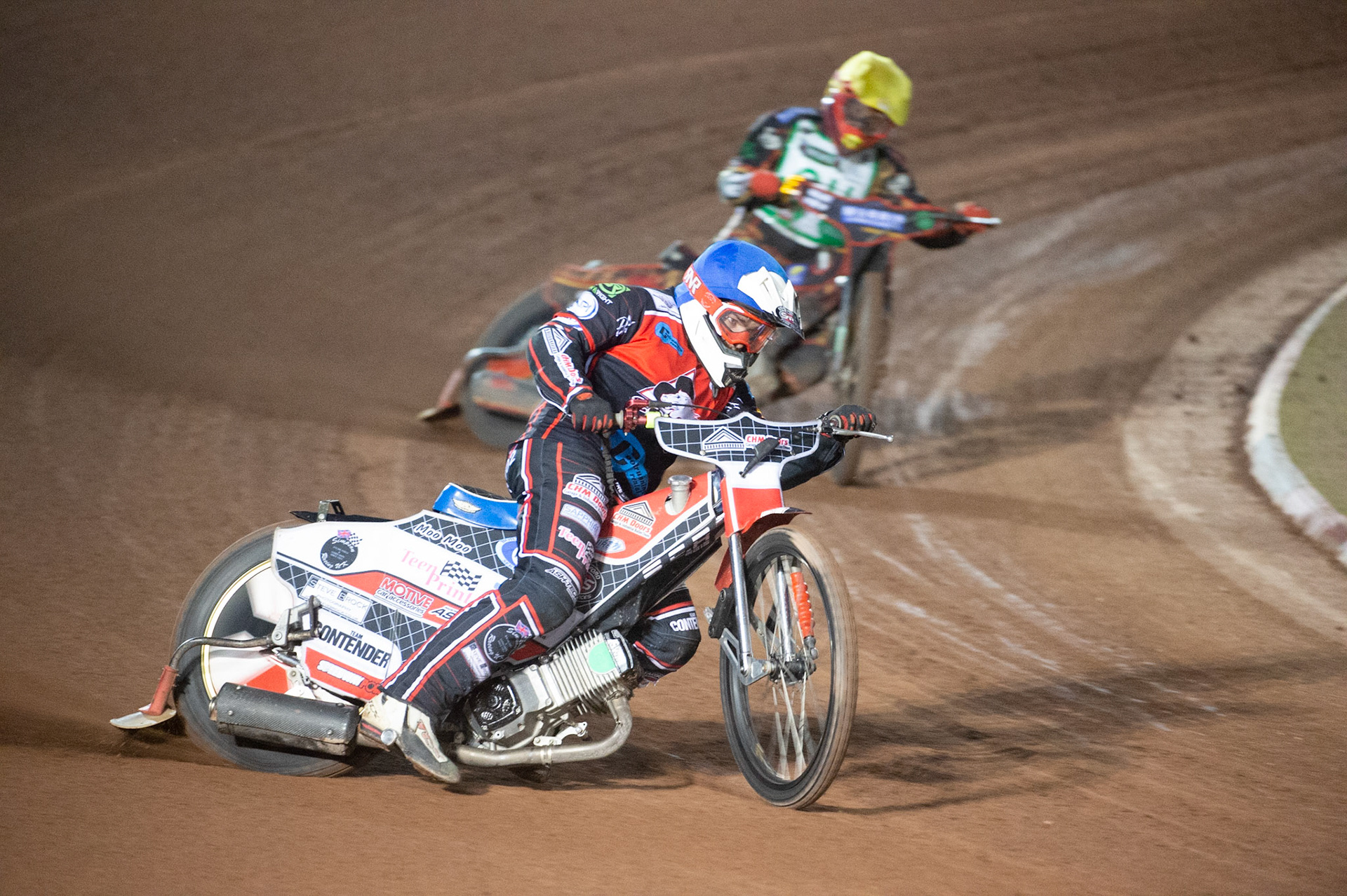 Photo: Ian Charles

Danny Phillips  (Blue) leads Luke Harris (Yellow)

Belle Vue Colts v Cradley Heathens, SGB National League KO Cup Semi Final 2nd Leg, Belle Vue National Speedway Stadium, Manchester, Wednesday 18  September  2019