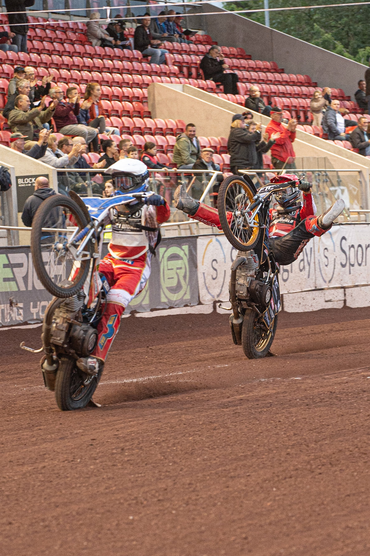 Photo: Ian Charles

Maksym Drabik (White) and Frederik Jacobsen (Red) pull wheelies

FIM Team Speedway U-21 World Championship, National Speedway Stadium, Manchester Friday 12 July  2019