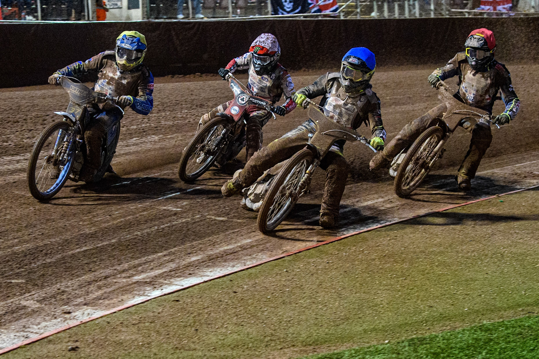 Tom Brennan (Blue) inside Chris Harris (Yellow) with Simon Lambert (Red) and Dan Bewley (White) behind during the Sports Insure British Speedway Final at the National Speedway Stadium, Manchester on Monday 14th August 2023. (Photo: Ian Charles | MI News)
