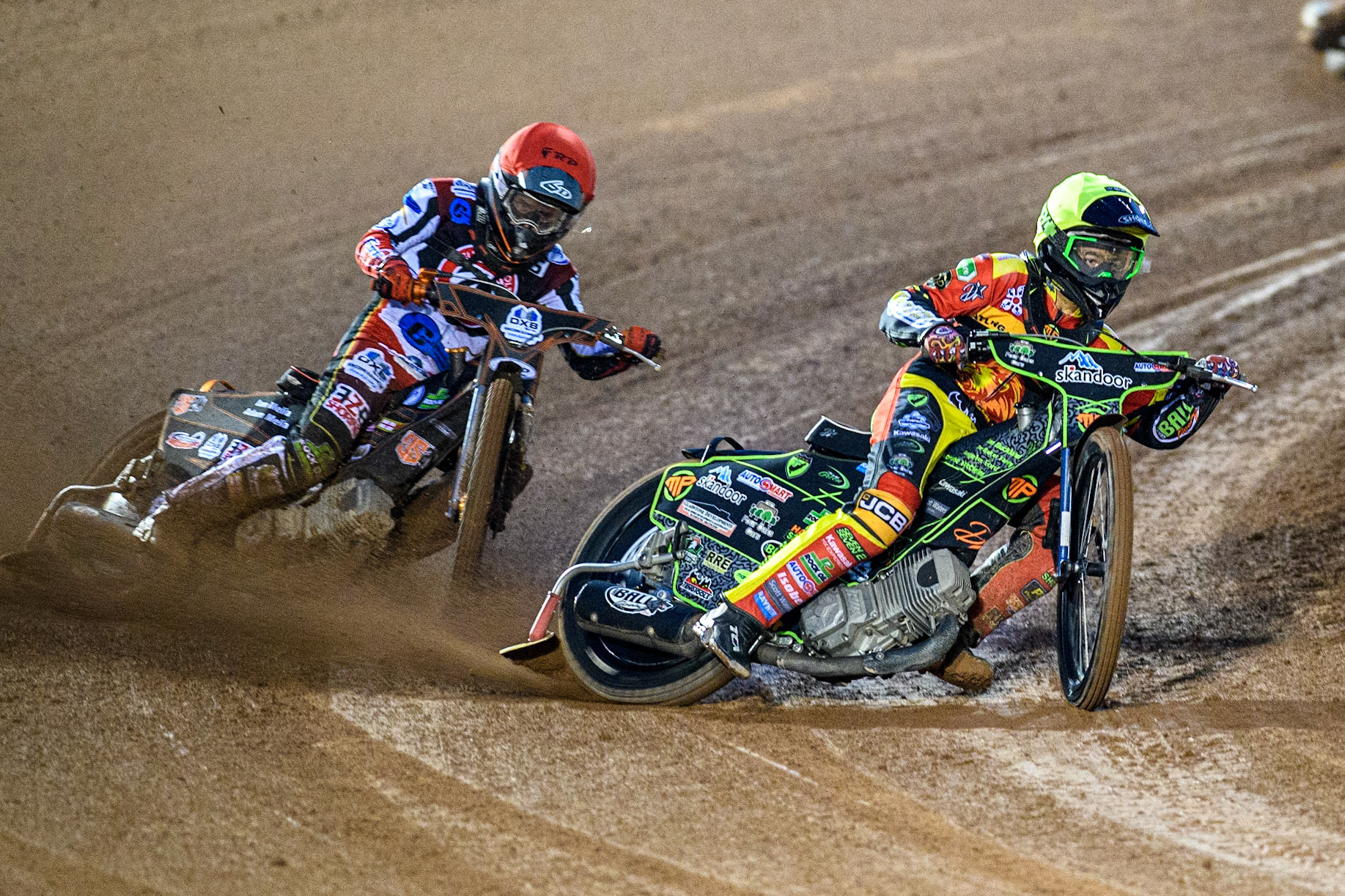 Max Perry (Yellow) leads  Jack Smith (Red) during the National Development League match between Belle Vue Colts and Leicester Lion Cubs at the National Speedway Stadium, Manchester on Friday 8th September 2023. (Photo: Ian Charles | MI News)