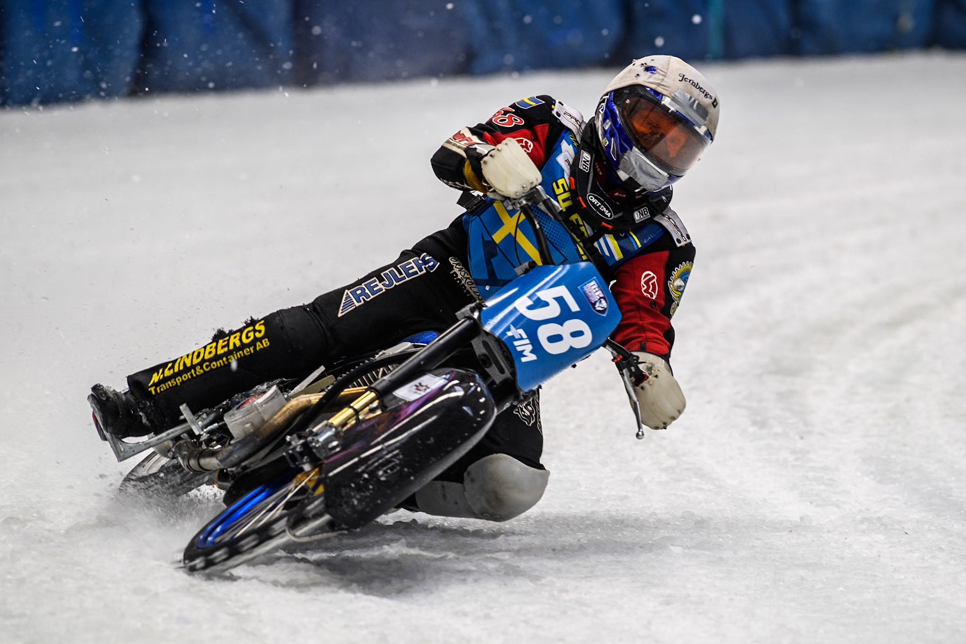 Sweden's Stefan Svensson (58) in action during the FIM Ice Speedway Gladiators World Championship Final 2 at the Max-Aicher-Arena, Inzell on Sunday 24 March 2024. (Photo: Ian Charles | MI News)