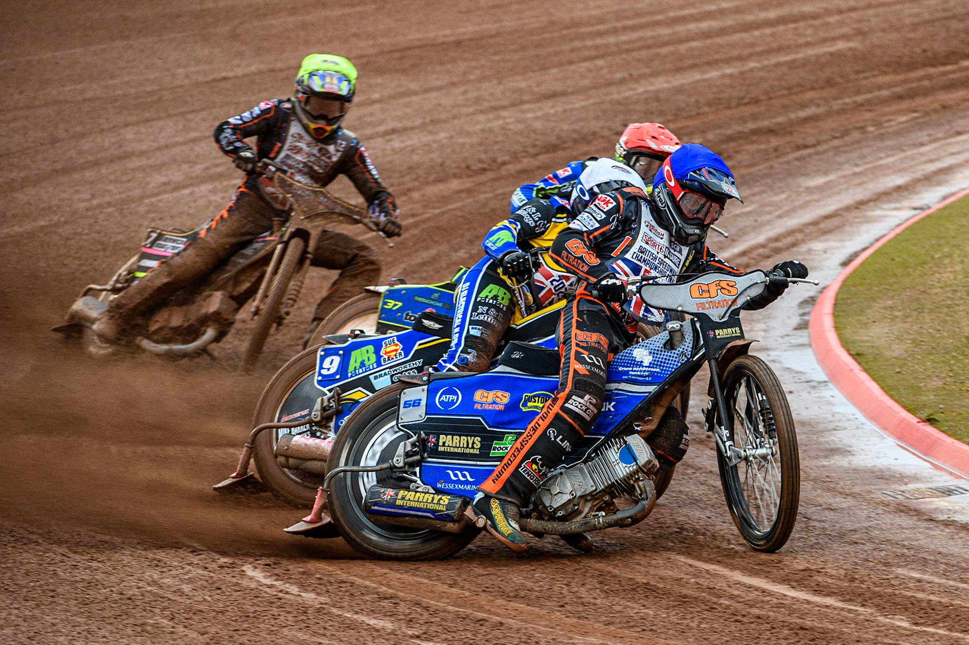 Steve Worrall (Blue) leads Ben Barker (White), Chris Harris (Red) and Leon Flint (Yellow) during the Sports Insure British Speedway Final at the National Speedway Stadium, Manchester on Monday 14th August 2023. (Photo: Ian Charles | MI News)