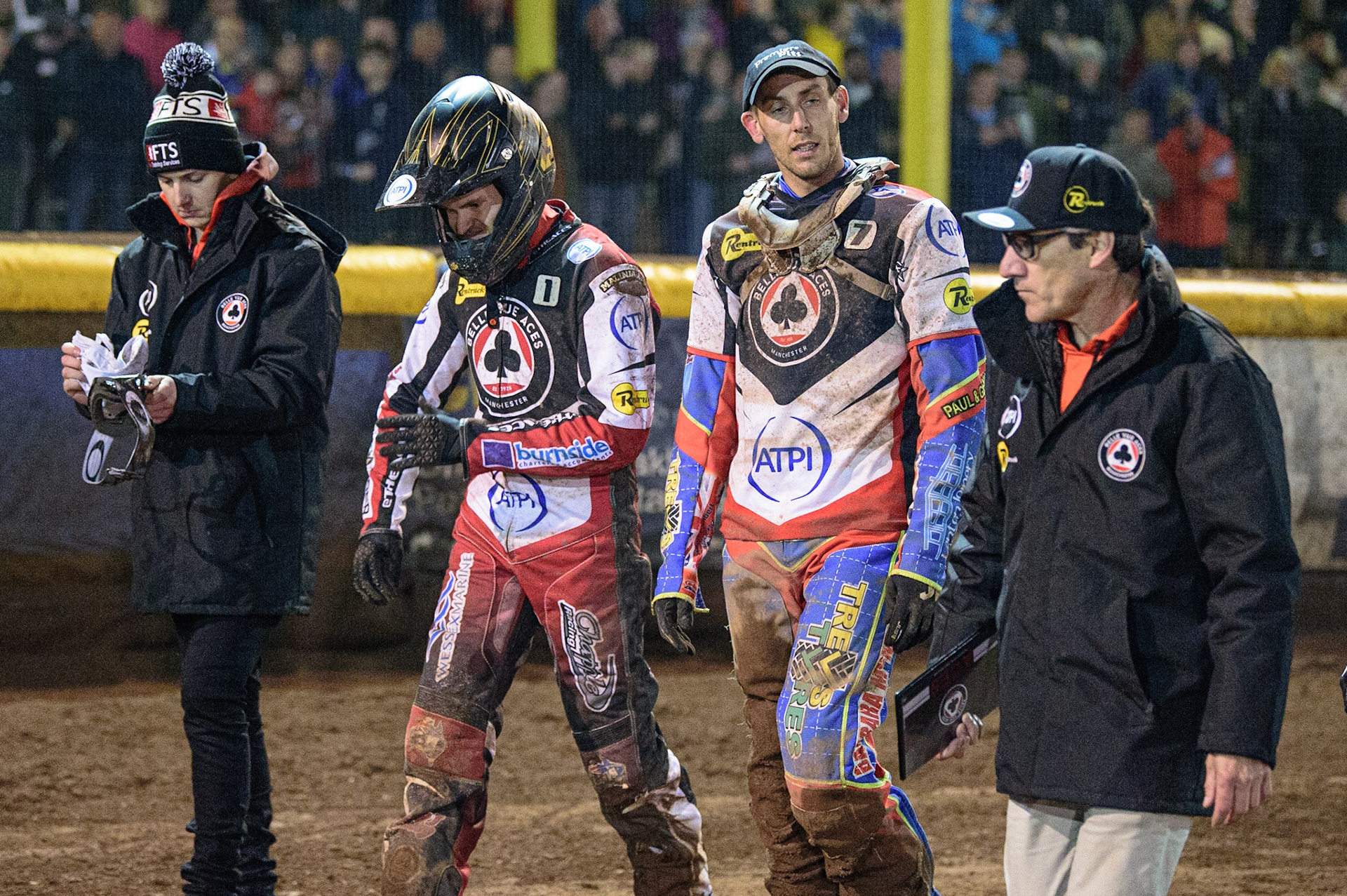 Brady Kurtz (2nd left) walks back to the pits with team mates vJye Etheridge (left), Simon Lambert (2nd Right) and Team Manager Mark Lemon  during the SGB Premiership Grand Final 2nd Leg between Sheffield Tigers and Belle Vue Aces at Owlerton Stadium, Sheffield on Thursday 13th October 2022. (Credit: Ian Charles | MI News)