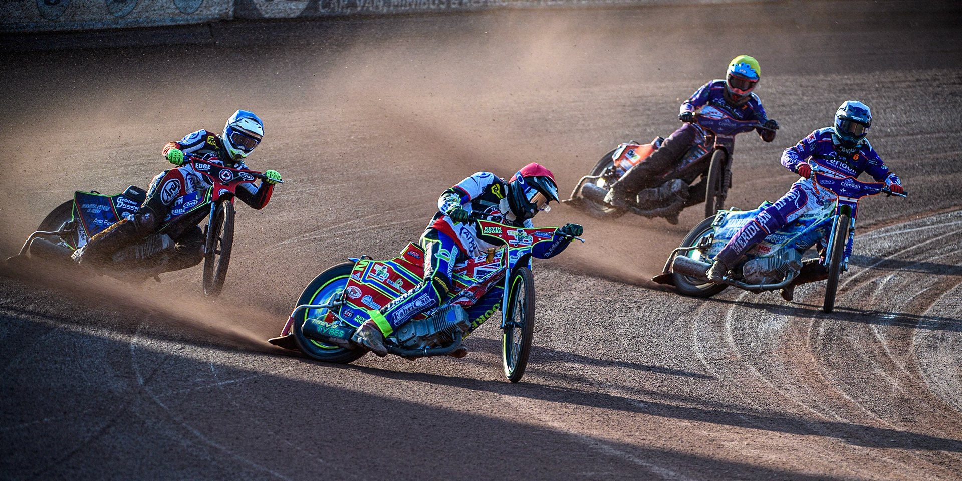 Simon Lambert (Red) leads Jake Mulford (Blue) Hans Andersen (White) and Jordan Jenkins (Yellow) during the Sports Insure Premiership match between Belle Vue Aces and Peterborough at the National Speedway Stadium, Manchester on Monday 19th June 2023. (Photo: Ian Charles | MI News)