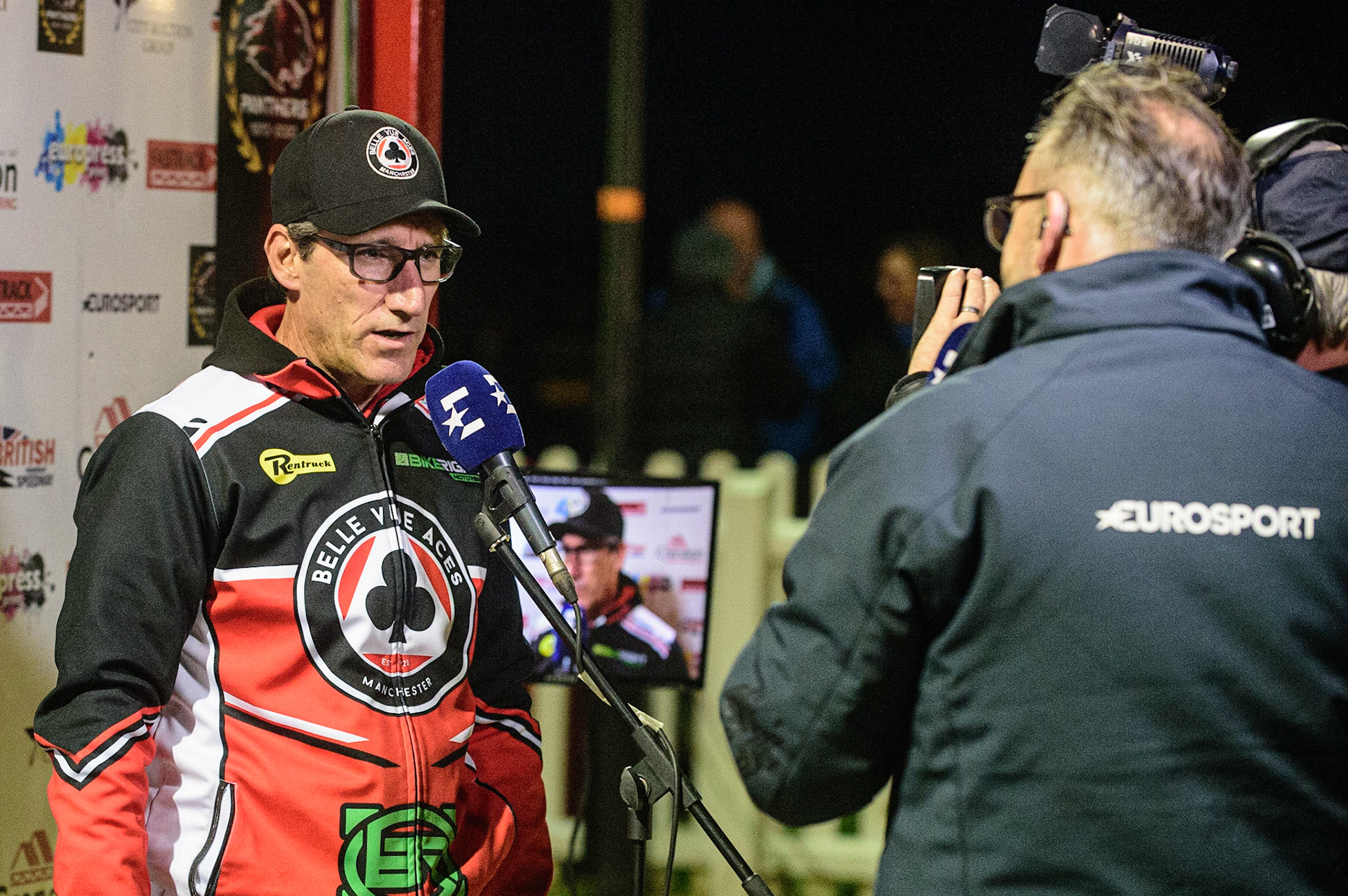 PETERBOROUGH, UK. OCT 14TH Belle Vue BikeRight Aces  manager Mark Lemon  gives an interview to Eurosport during the SGB Premiership Grand Final 2nd leg between Peterborough and Belle Vue Aces at East of England Showground, Peterborough on Thursday 14th October 2021. (Credit: Ian Charles | MI News)