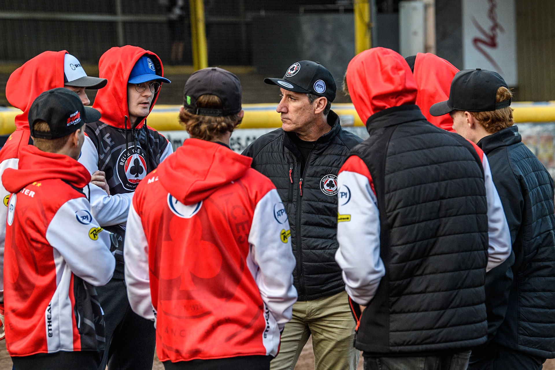 Belle Vue Aces team meeting during the Rowe Motor Oil Premiership Play Off Semi Final 2nd leg between Sheffield Tigers and Belle Vue Aces at Owlerton Stadium, Sheffield on Thursday 19th September 2024. (Photo: Ian Charles | MI News)