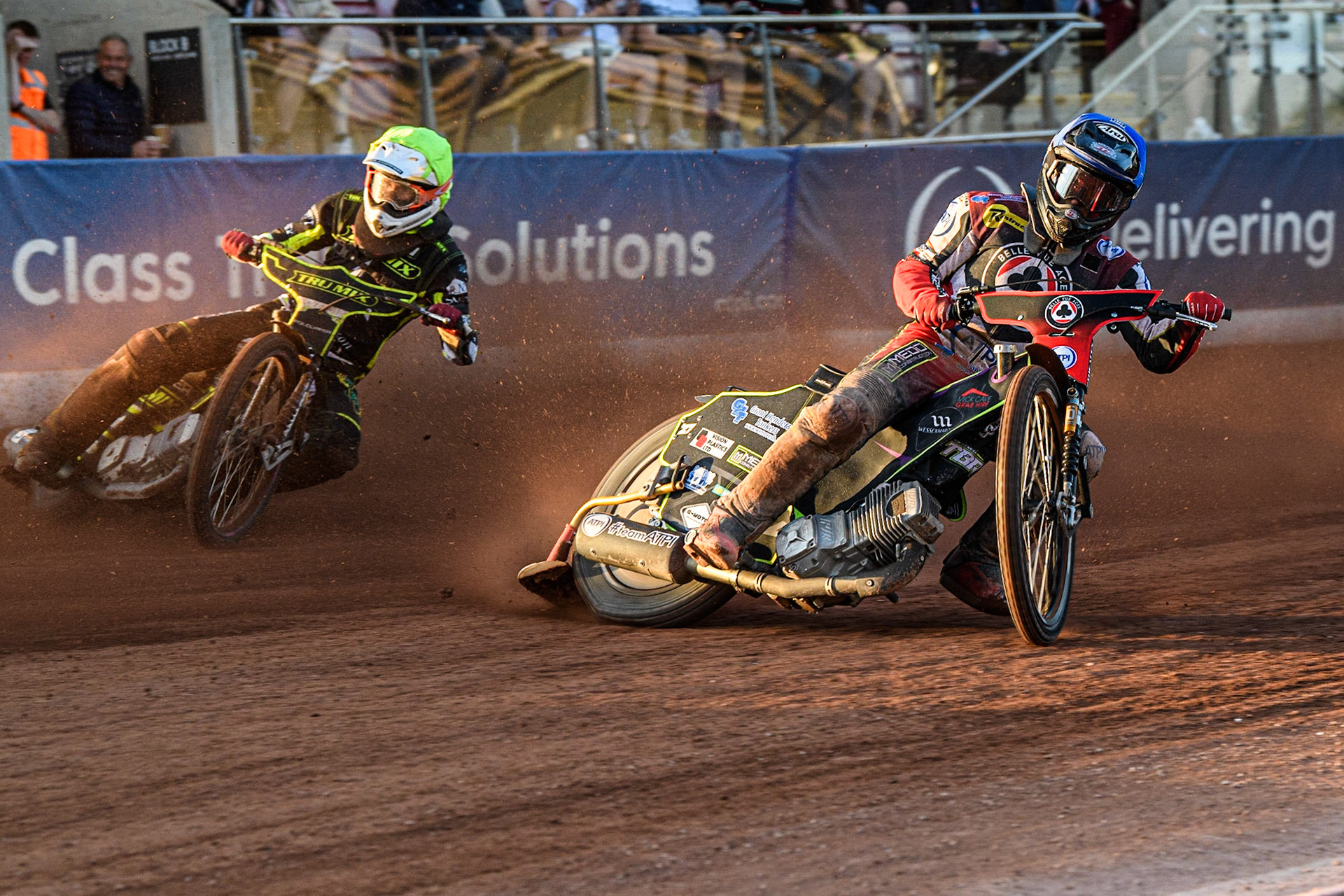 Tom Brennan (Blue) inside Keynan Rew (Yellow) during the Sports Insure Premiership match between Belle Vue Aces and Ipswich Witches at the National Speedway Stadium, Manchester on Monday 5th June 2023. (Photo: Ian Charles | MI News)