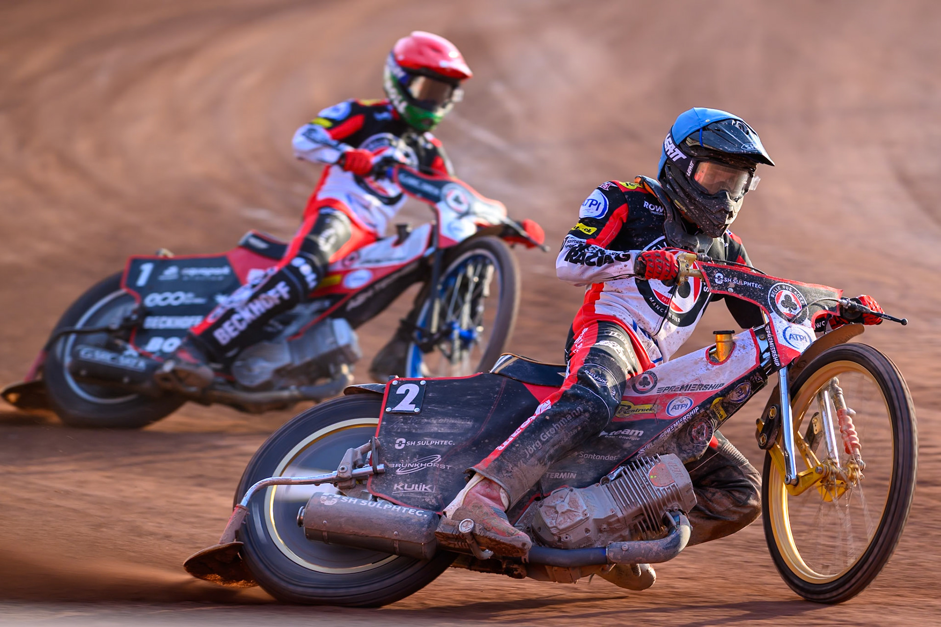 Norick Blödorn of Belle Vue Aces in Blue leading Brady Kurtz of Belle Vue Aces in Red during the Rowe Motor Oil Premiership match between Belle Vue Aces and Ipswich Witches at the National Speedway Stadium, Manchester on Saturday 20th June 2026. (Photo: Ian Charles | MI News)