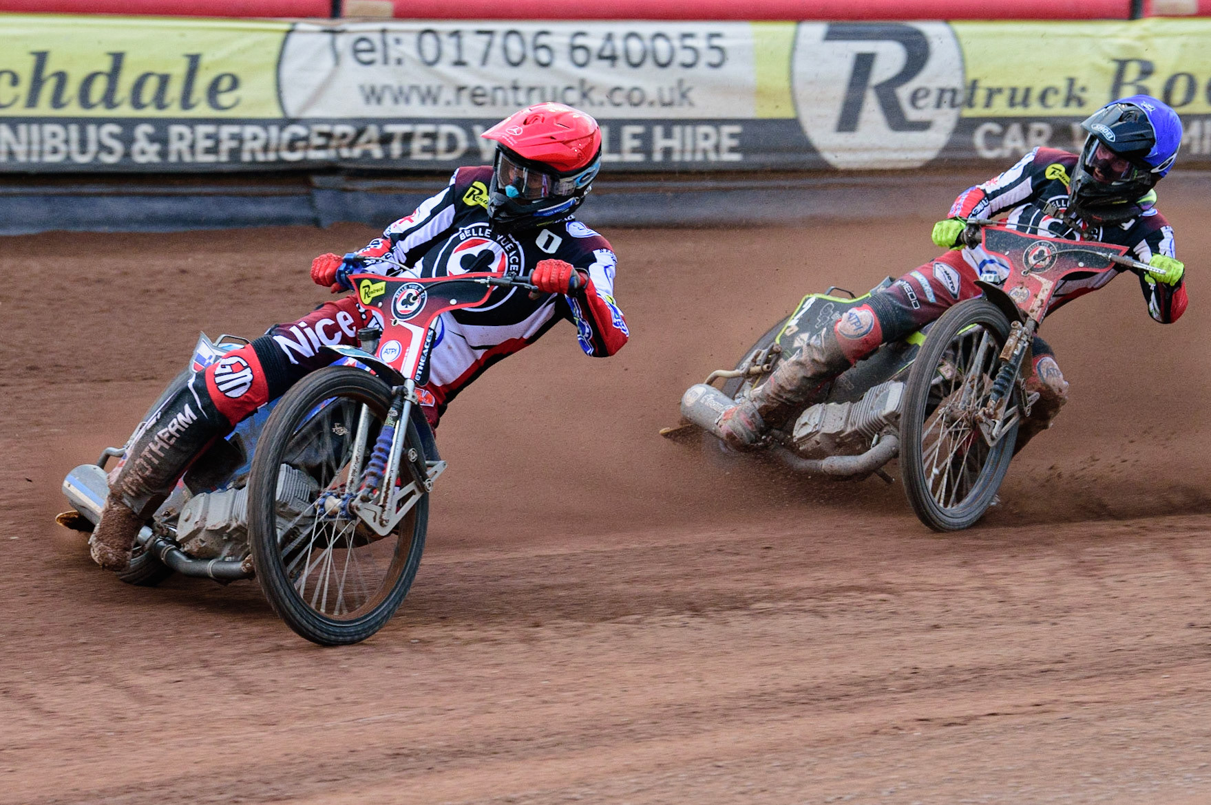 MANCHESTER, UK. JUL 5TH  Matej Zagar  (Red) leads team mate Tom Brennan  (Blue)  during the SGB Premiership match between Belle Vue Aces and Sheffield Tigers at the National Speedway Stadium, Manchester on Tuesday 5th July 2022. (Credit: Ian Charles | MI News)