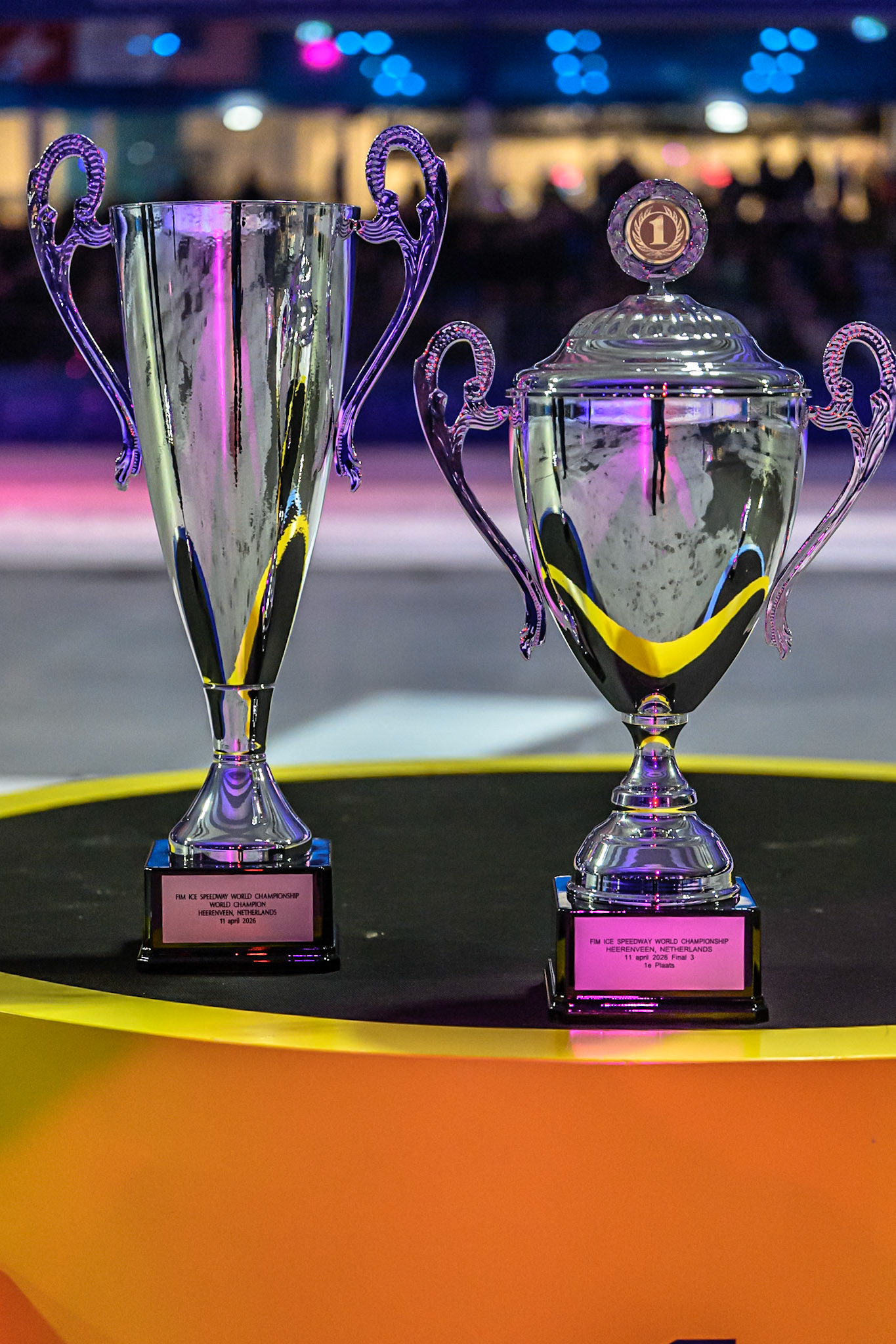 The Trophies for the winner and the World Champion during the FIM Ice Speedway Gladiators World Championship Final 3 at Ice Rink Thialf, Heerenveen on Saturday 11th April 2026. (Photo: Ian Charles | MI News)