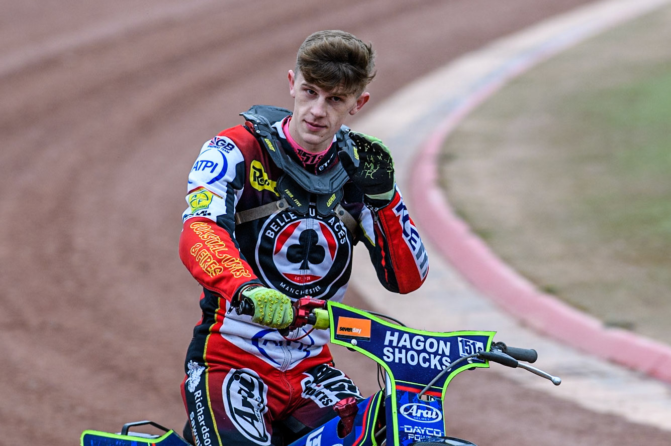 Belle Vue Aces' guest Jake Mulford on the parade lap  during the Rowe Motor Oil Premiership match between Belle Vue Aces and Oxford Spires at the National Speedway Stadium, Manchester on Monday 22nd July 2024. (Photo: Ian Charles | MI News)