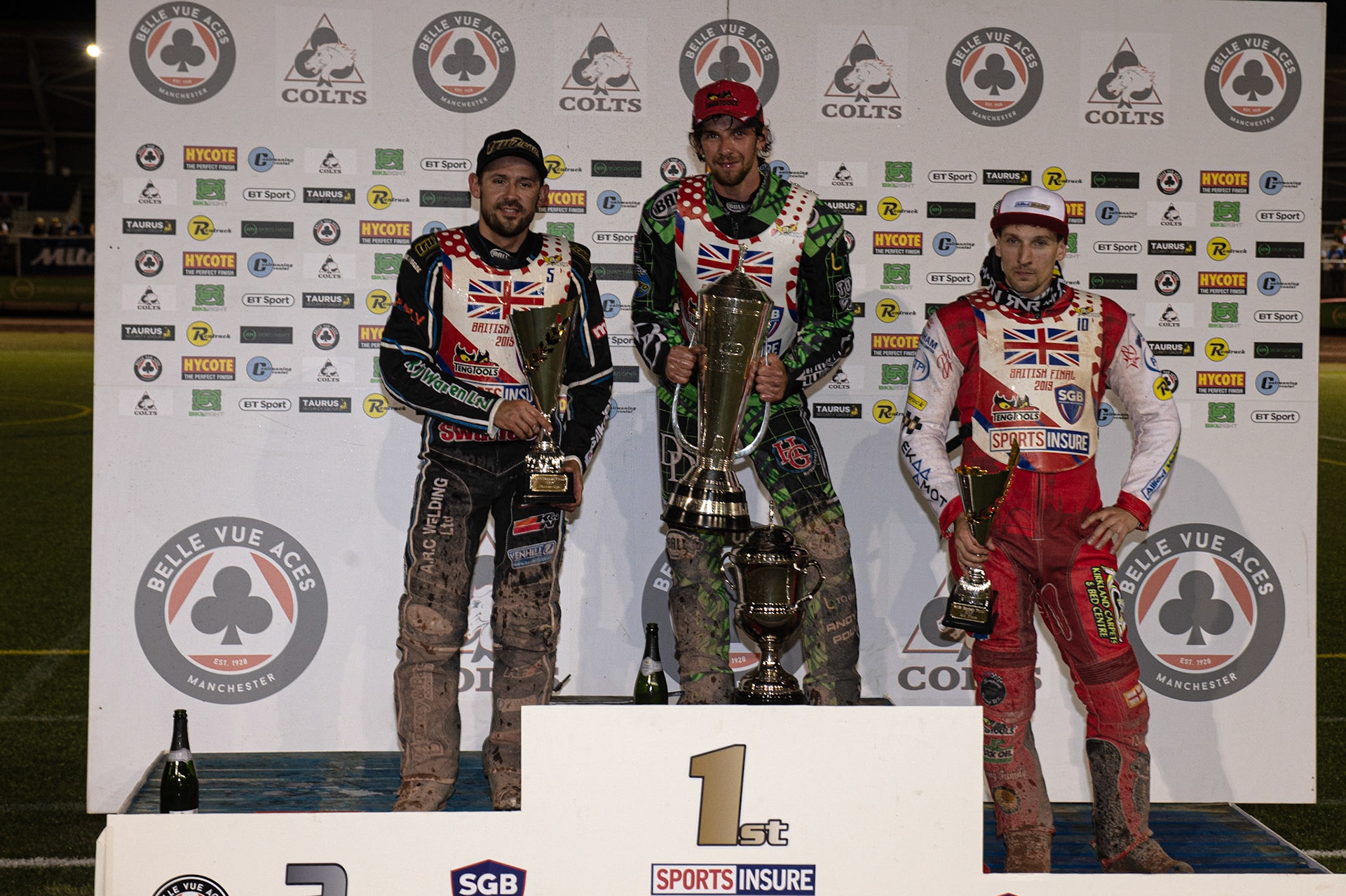 Photo: Ian Charles

British Final Top 3: (l-r) Danny King, (2nd), Charles Wright (1st), Craig Cook (3rd)

Sports Insure British Final,  Belle Vue National Speedway Stadium, Manchester Monday 29  July  2019
