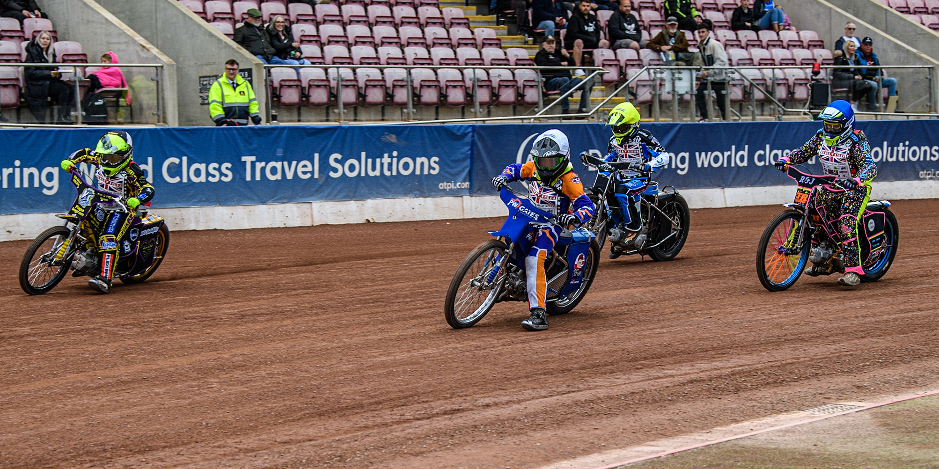 Lewis Hague  (Black\White) leadsAdam Sydyk  (White) Jack Scully-Syer  (Yellow) and Tia May Brant (Blue) during the British Youth Championships at the National Speedway Stadium, Manchester on Friday 12th May 2023. (Photo: Ian Charles | MI News)