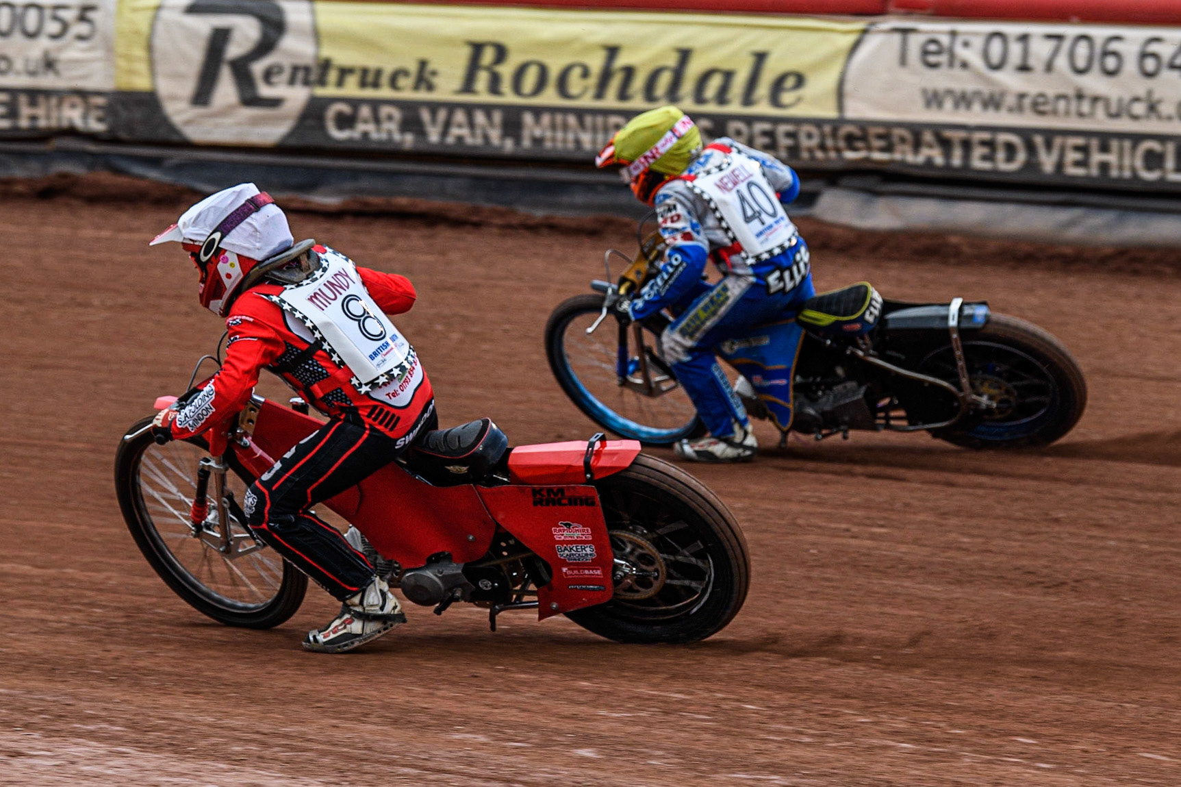 Kayden Munday  (White) inside Ellis Newell  (Yellow) during the British Youth Championships at the National Speedway Stadium, Manchester on Friday 12th May 2023. (Photo: Ian Charles | MI News)