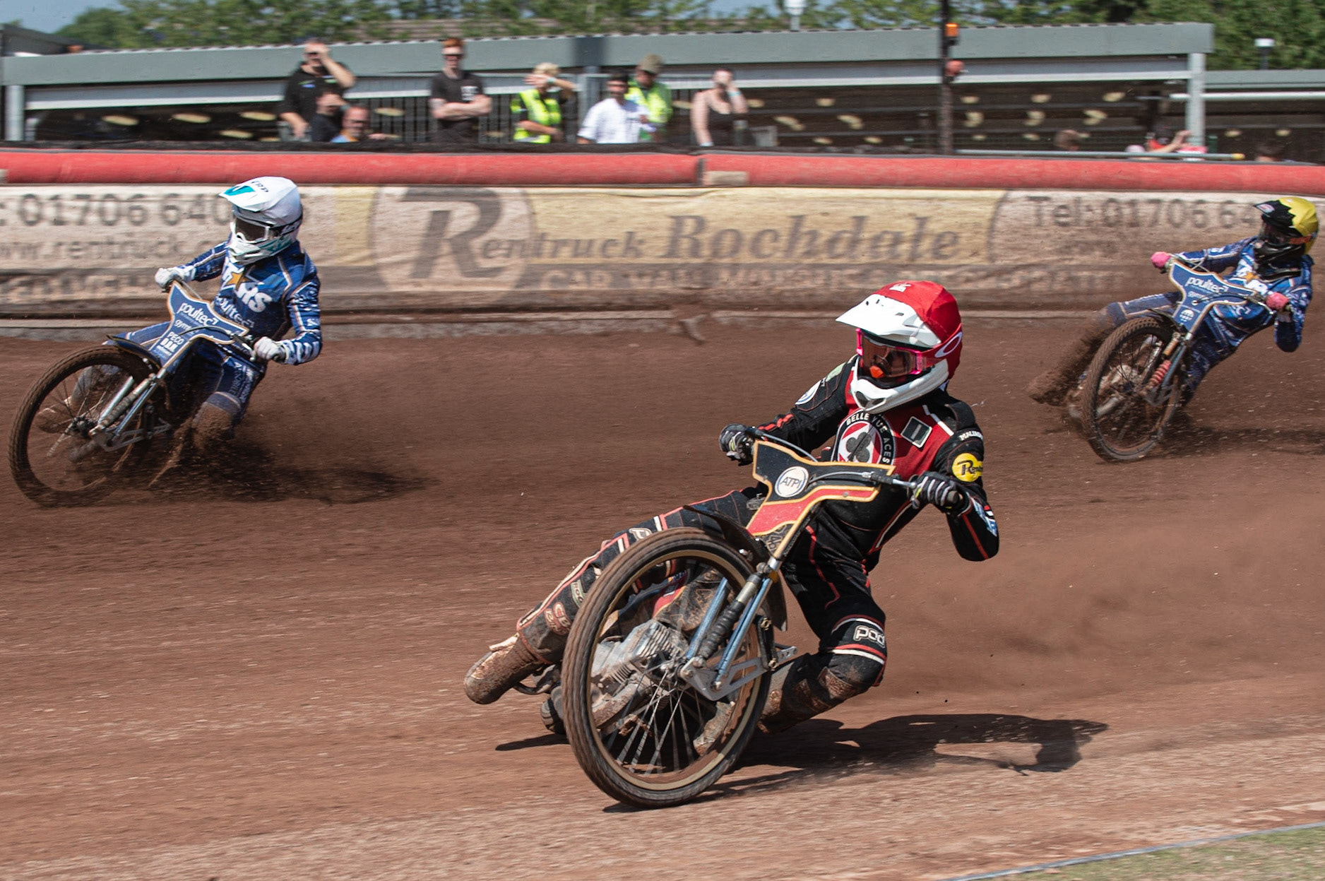 Photo: Ian Charles

Max Fricke  (Red) inside Erik Riss  (White) and Thomas Jorgensen  (Yellow)

Belle Vue Aces v Kings Lynn Stars, British Speedway Premiership, Belle Vue National Speedway Stadium, Manchester, Monday 26  August  2019