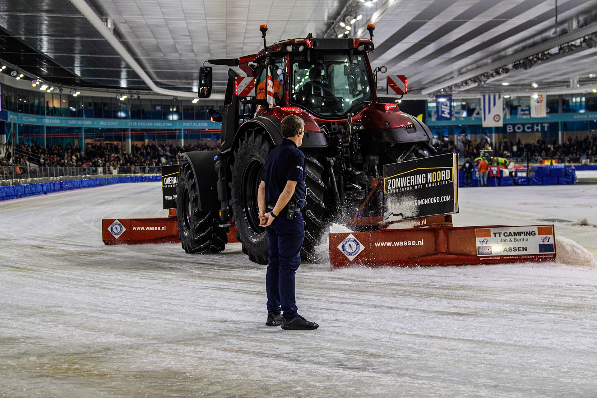 FIM  Race Director Phil Morris supervises the track preparation between each block of heats during the FIM Ice Speedway Gladiators World Championship Final 3 at Ice Rink Thialf, Heerenveen on Saturday 6th April 2024. (Photo: Ian Charles | MI News)