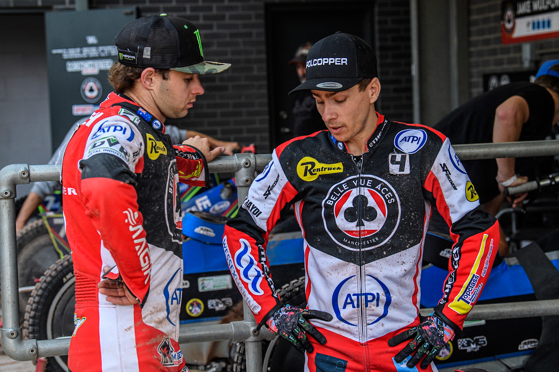 Belle Vue Aces' Jaimon Lidsey  (Left) chats with Belle Vue Aces' Ben Cook  during the Rowe Motor Oil Premiership match between Belle Vue Aces and Sheffield Tigers at the National Speedway Stadium, Manchester on Monday 26th August 2024. (Photo: Ian Charles | MI News)