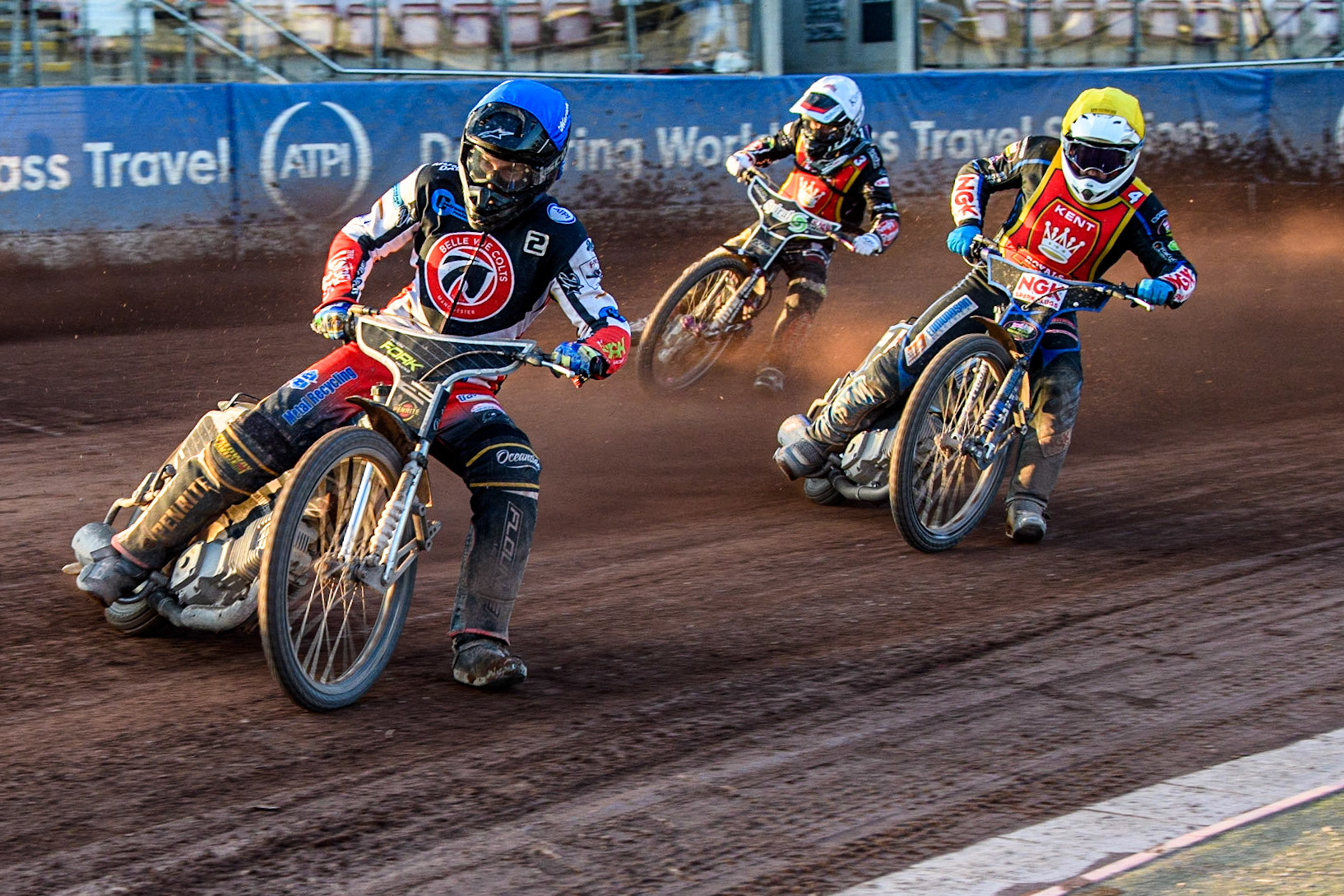 Matt Marson (Blue) leads Tom Woolley (Yellow) and Connor King (White) during the National Development League match between Belle Vue Colts and Kent Royals at the National Speedway Stadium, Manchester on Friday 7th July 2023. (Photo: Ian Charles | MI News)