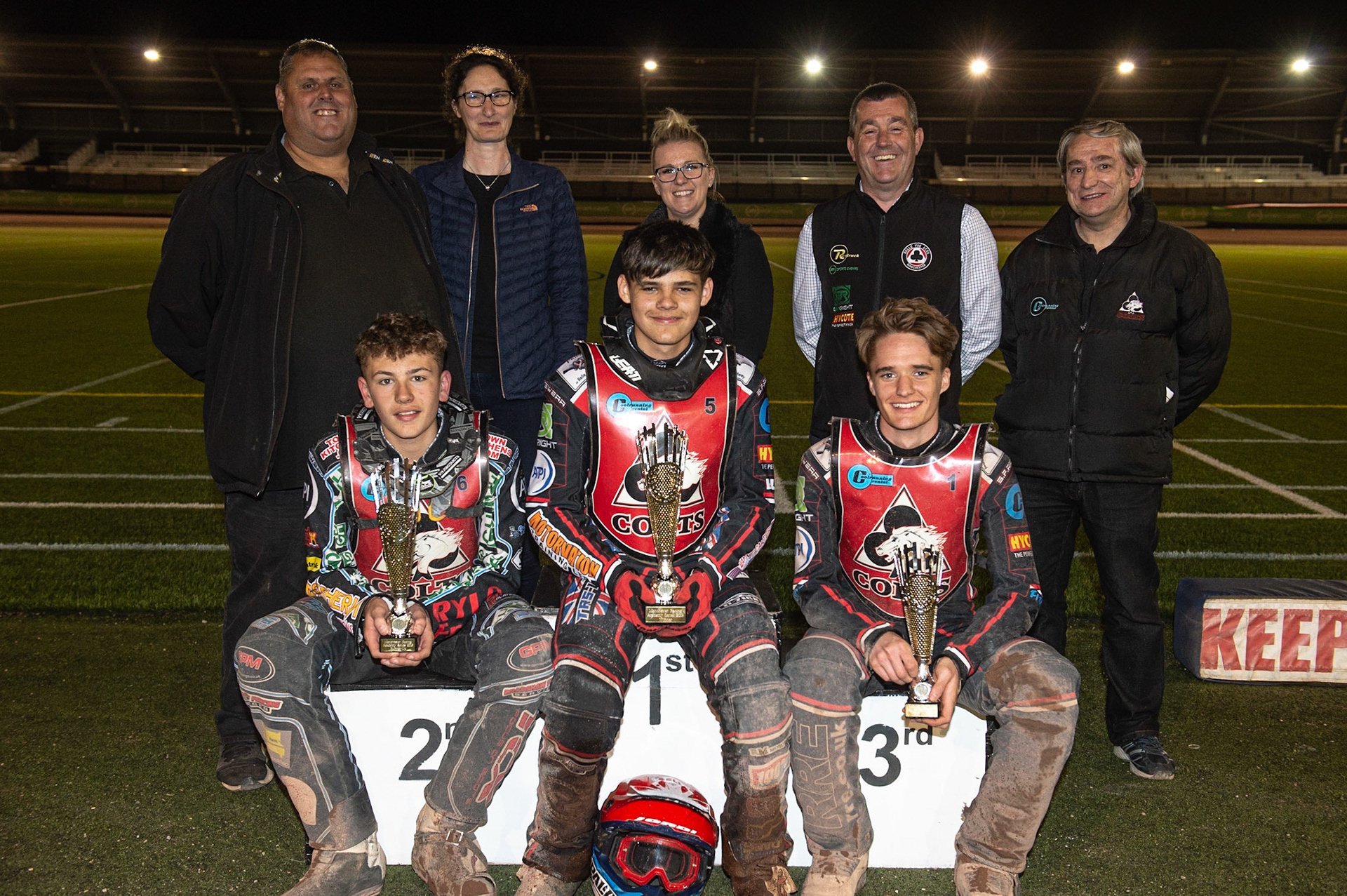 Photo: Ian Charles

Manchester Racing Academy Series, sponsored by Thorneycroft Solicitors
Top 3: (l-r) Harry McGurk (2nd) Jordan Palin (Winner), Ben Rathbone 3rd
(Rear Row) (l-r) Steve Williams (Colts Manager), Mary Lomas (Thorneycroft) Natasha Scragg (Thorneycroft) (Thorneycroft), Adrian  Smith (Belle Vue CEO), Graham Goodwin (Colts Manager) 
 


Belle Vue Colts v Cradley Heathens, SGB National League KO Cup Semi Final 2nd Leg, Belle Vue National Speedway Stadium, Manchester, Wednesday 18  September  2019