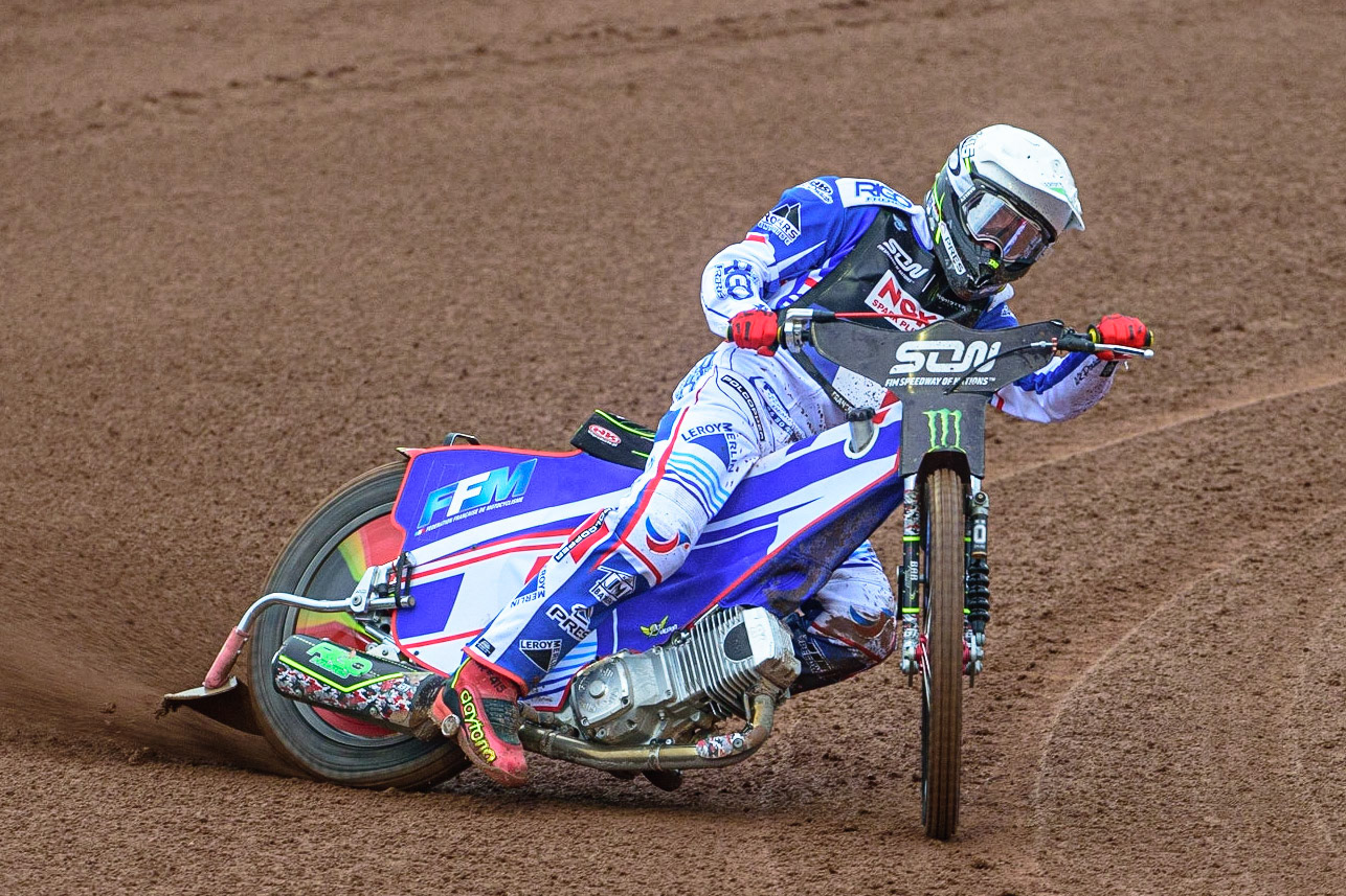 MANCHESTER, UK. OCT 17TH David Bellego of France in action  during the Monster Energy FIM Speedway of Nations at the National Speedway Stadium, Manchester on Sunday  17th October 2021. (Credit: Ian Charles | MI News)