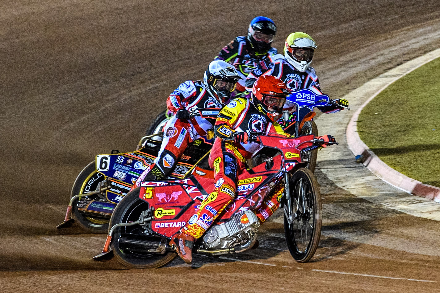 Australia's Max Fricke (Red) leads  England's Connor Mountain (White) Denmark's Niels-Kristian Iversen (Yellow) and Germany's Celina Liebmann (Blue) during the Peter Craven Memorial Trophy meeting at the National Speedway Stadium, Manchester on Monday 18th March 2024. (Photo: Ian Charles | MI News)