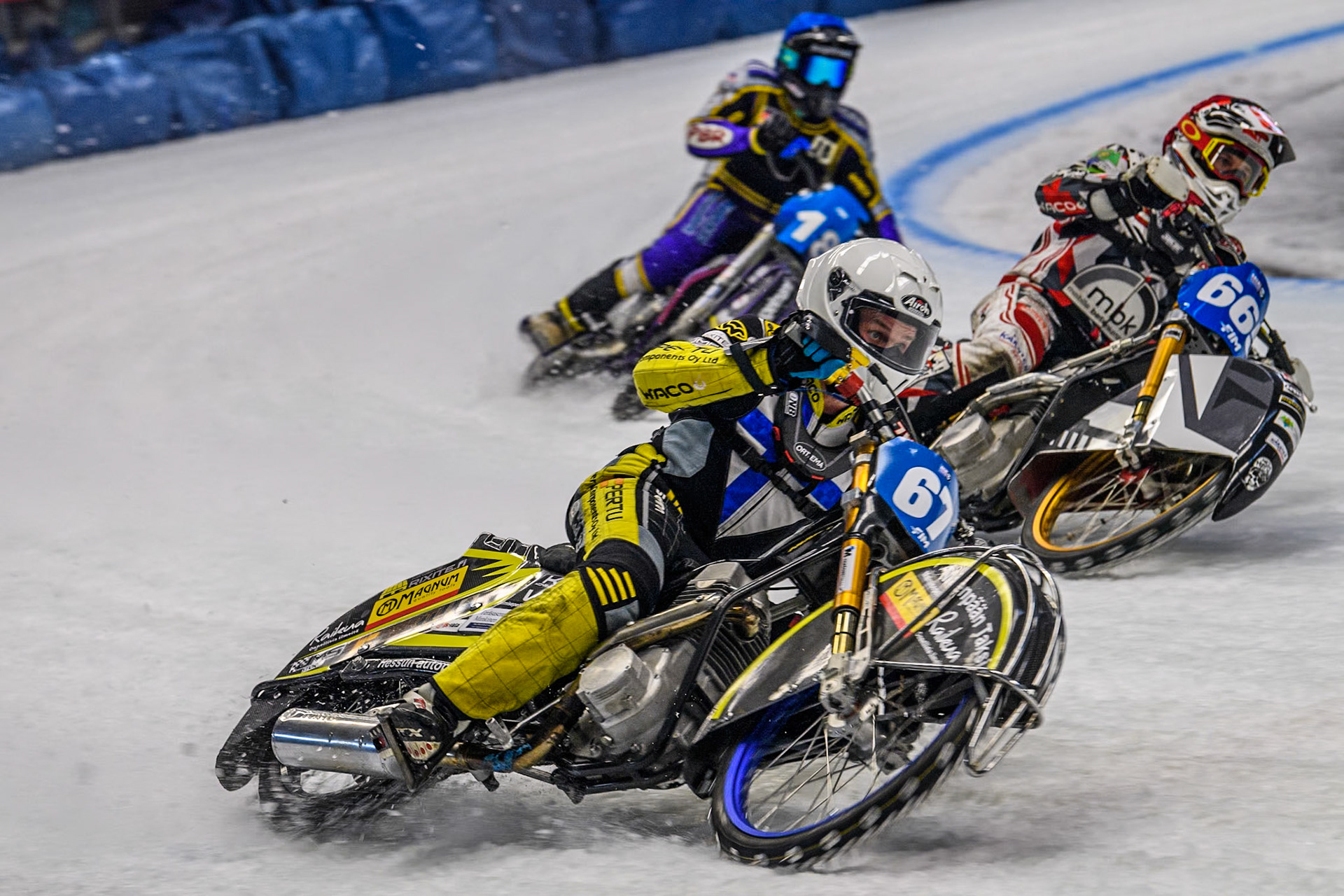 Finland's Heikki Huusko (67) (White) outside Austria's Charly Ebner (665) (Red) during the FIM Ice Speedway Gladiators World Championship Final 2 at the Max-Aicher-Arena, Inzell on Sunday 24 March 2024. (Photo: Ian Charles | MI News)