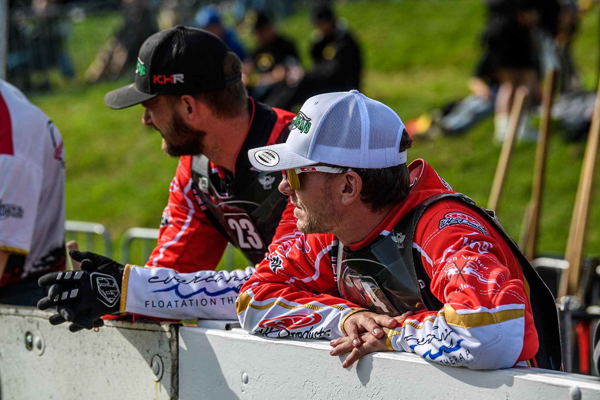 Morten Qvistgaard (Left) and Kenneth K. Hansen watch the track work during the FIM Long Track Of Nations event at the Speed Centre Roden on Sunday 24th September 2023. (Photo: Ian Charles | MI News)