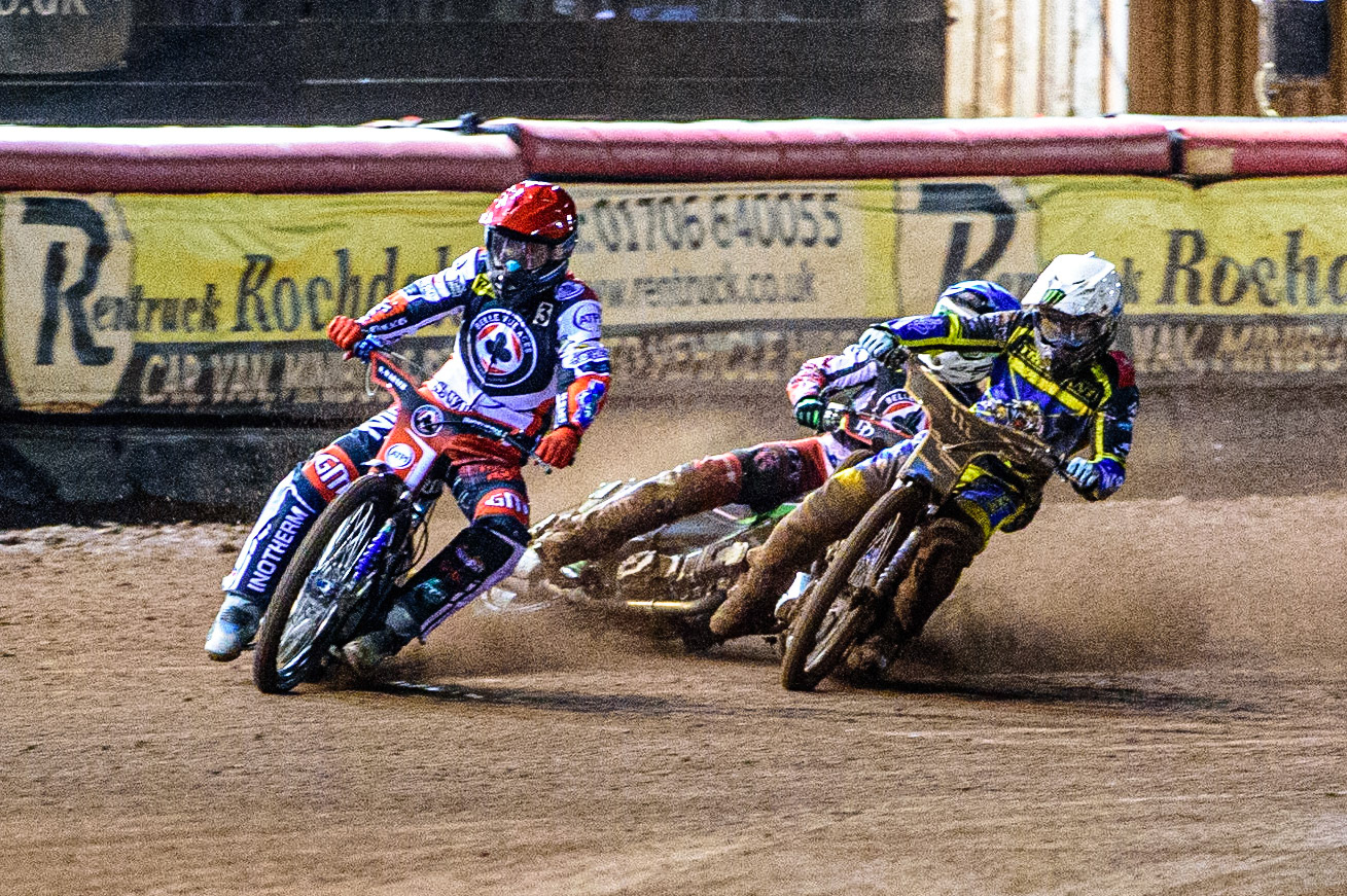 Jack Holder  (White) collides with Charles Wright  (Blue) behind Matej Zagar  (Red) during the SGB Premiership Grand Final 1st leg between Belle Vue Aces and Sheffield Tigers at the National Speedway Stadium, Manchester on Monday 10th October 2022. (Credit: Ian Charles | MI News)