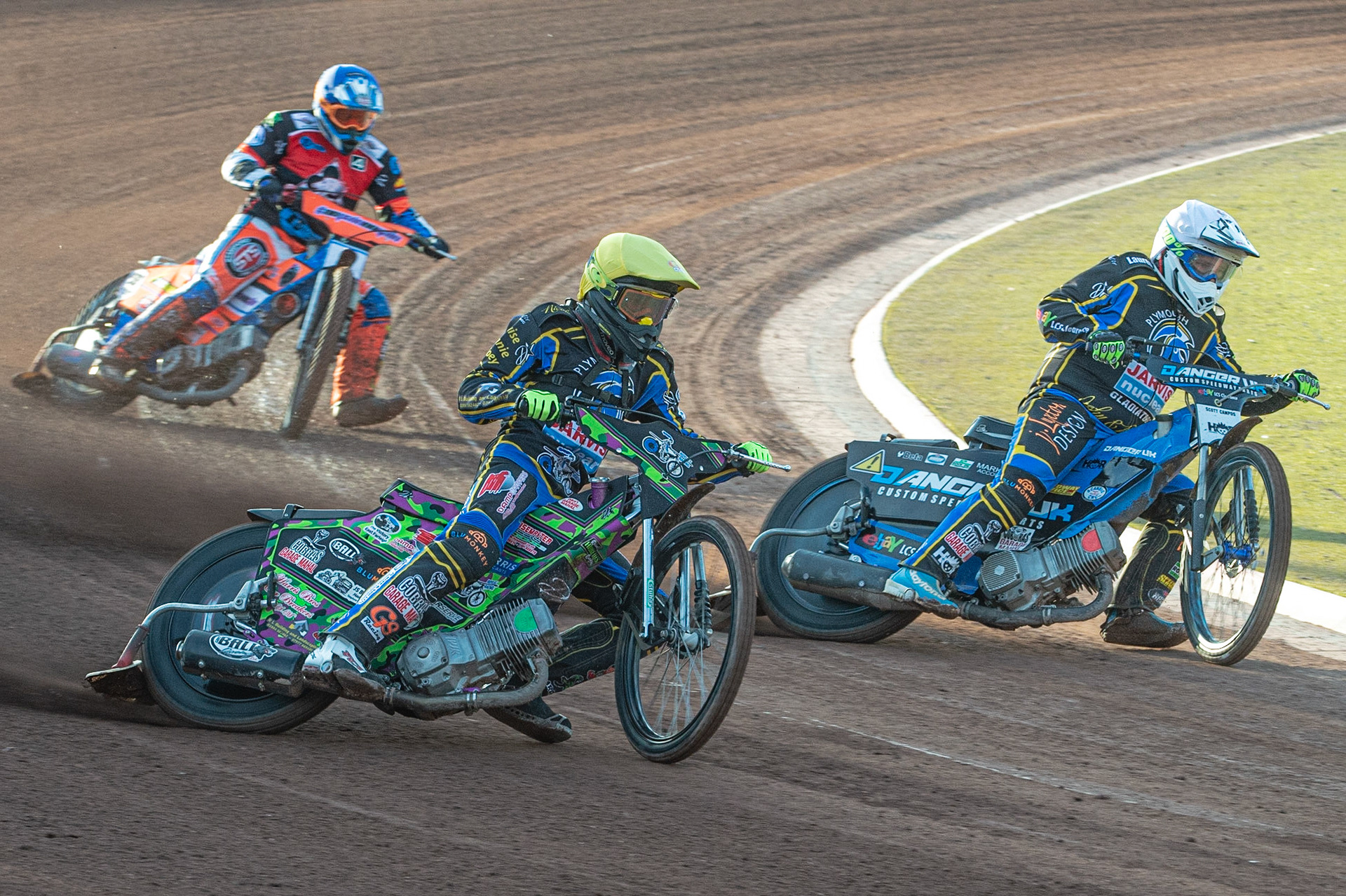 Photo: Ian Charles

Richard Andrews  (Yellow) and Scott Campos  (White) lead Josh Embleton  (Blue)

Belle Vue Colts v Plymouth Gladiators National League, Belle Vue National Speedway Stadium, Manchester, Thursday 23  May  2019