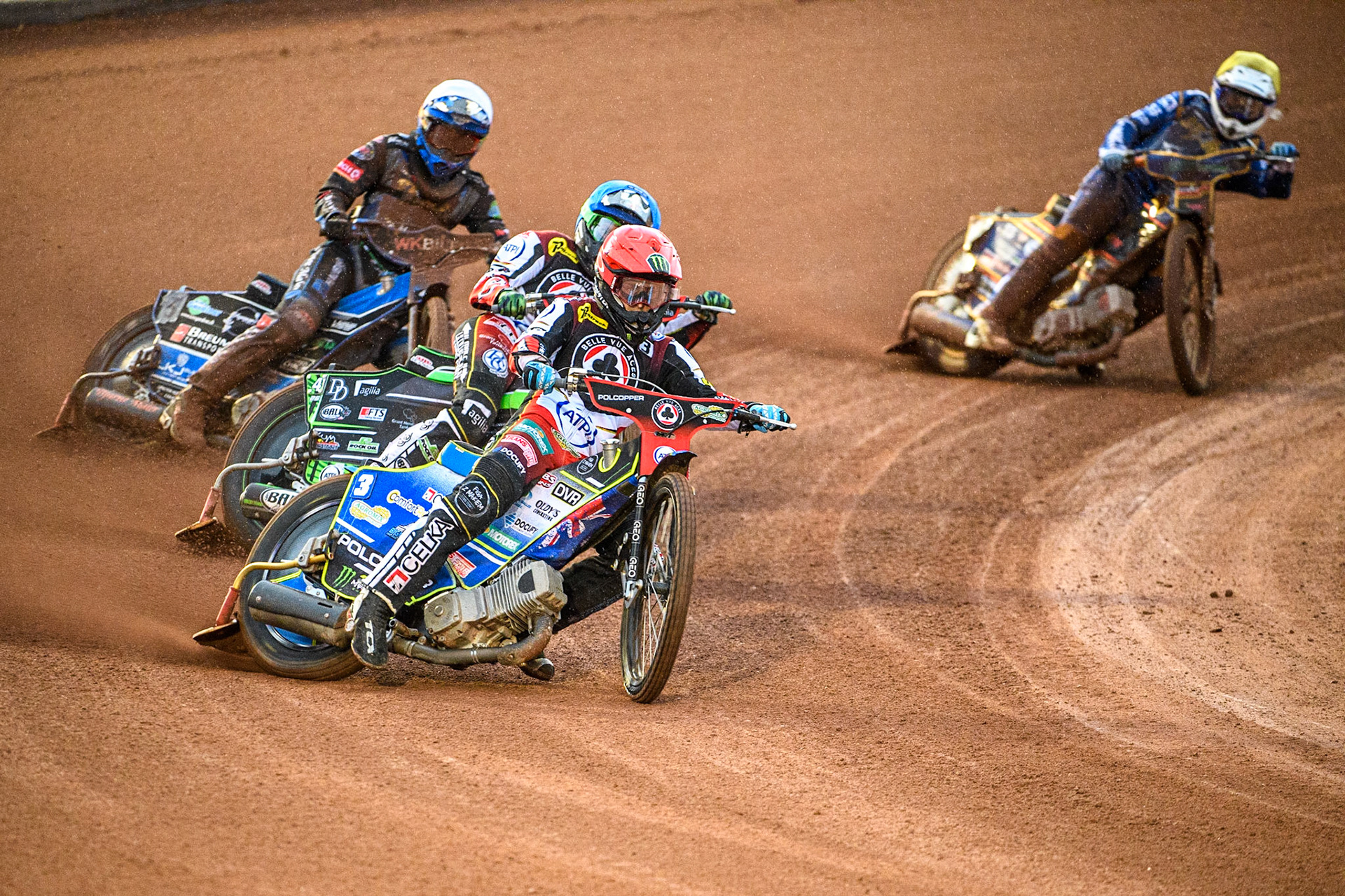 Brady Kurtz (Red) leads Tom Brennan (Blue), Robert Lambert (White) and Simon Lambert (Yellow) during the Sports Insure Premiership match between Belle Vue Aces and King's Lynn Stars at the National Speedway Stadium, Manchester on Monday 21st August 2023. (Photo: Ian Charles | MI News)