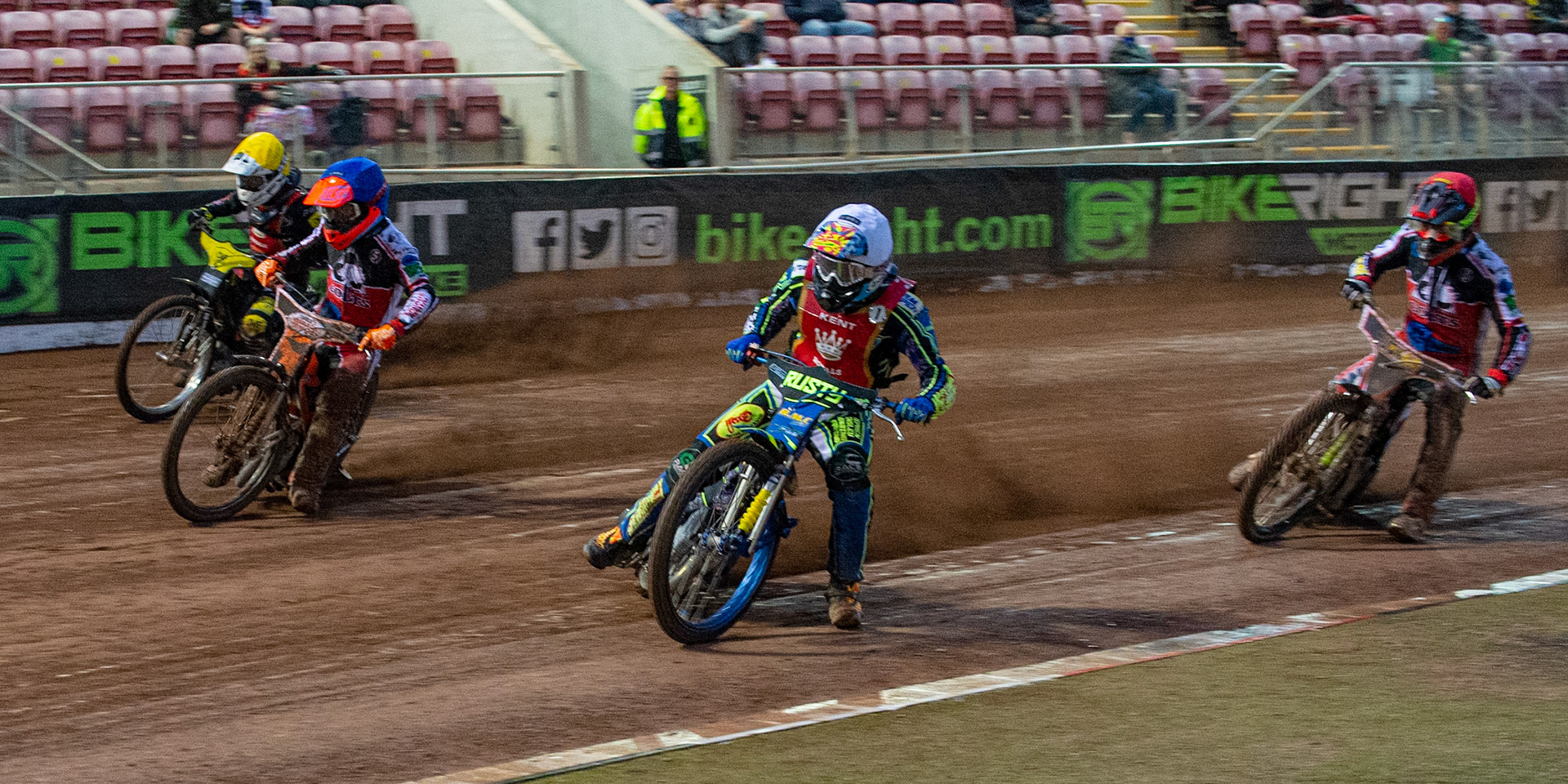 MANCHESTER, UK. JULY 2ND  Ryan Kinsley  (White) leads Jack Parkinson-Blackburn  (Red) Connor Coles  (Blue) and Daniel Gilkes  (Yellow)during the National Development League match between Belle Vue Colts and Kent Royals at the National Speedway Stadium, Manchester on Friday 2nd July 2021. (Credit: Ian Charles | MI News)