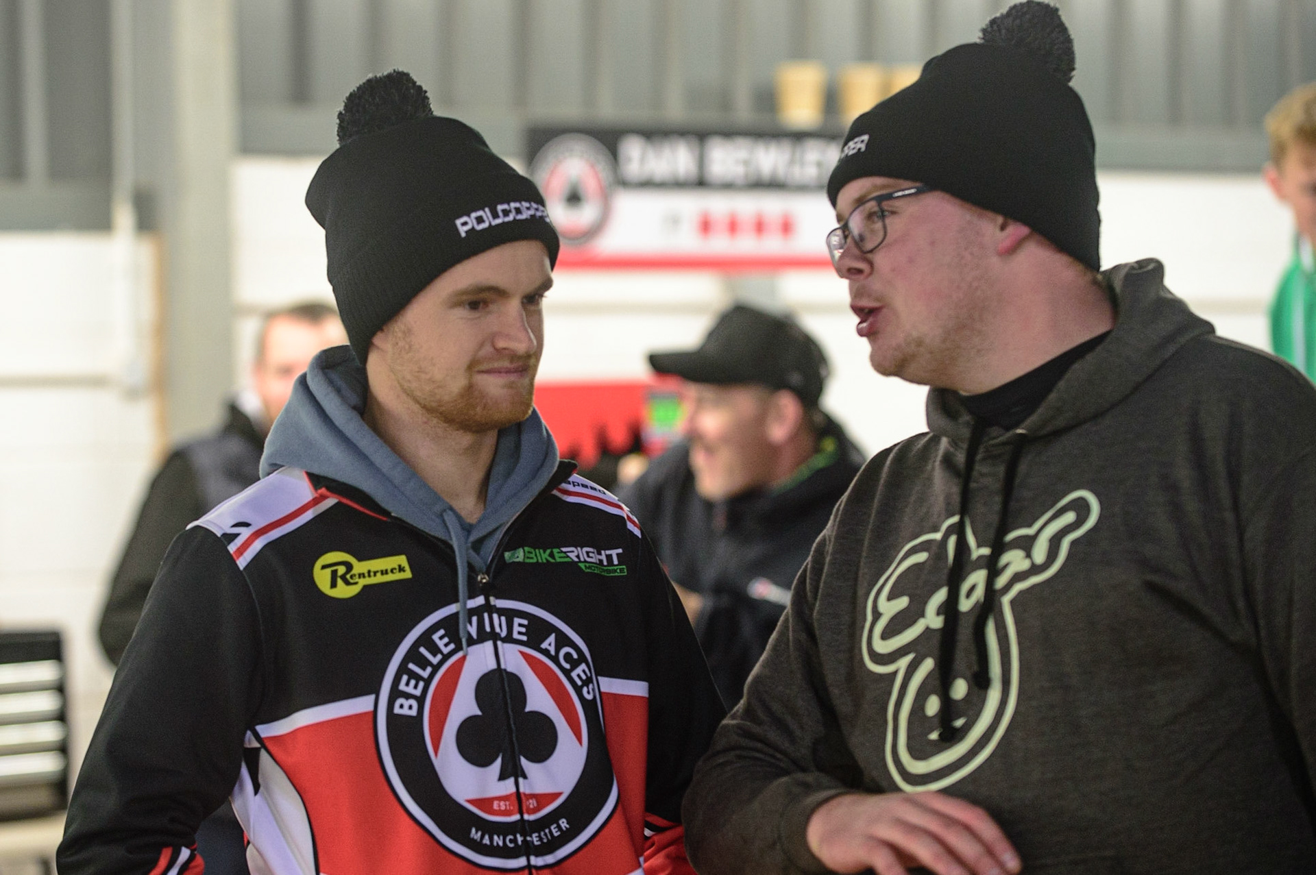 MANCHESTER, UK. OCT 11TH  Belle Vue BikeRight Aces injured rider Brady Kurtz with his mechanic. Brady was unable to ride but came to encourage his team mates during the SGB Premiership Grand Final 1st Leg between Belle Vue Aces and Peterborough Panthers at the National Speedway Stadium, Manchester on Monday 11th October 2021. (Credit: Ian Charles | MI News)