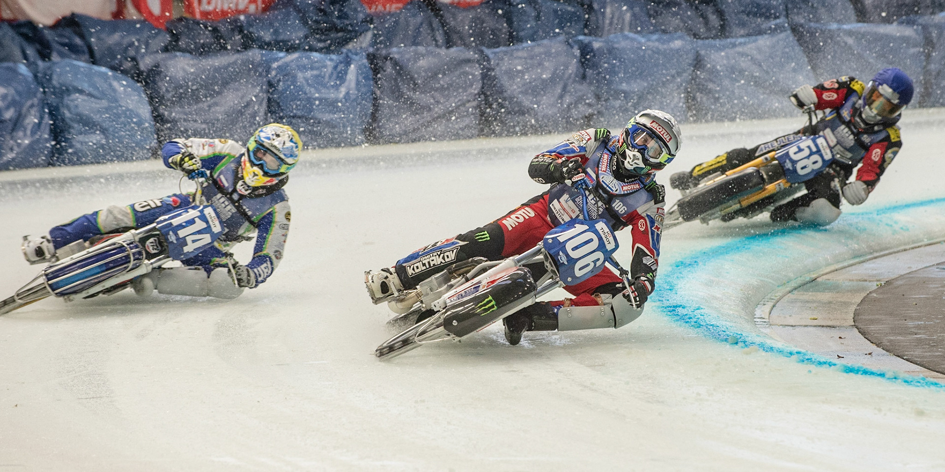 Photo: Ian Charles

Dmitri Koltakov (106) leads Dinar Valeev (114) and Stefan Svensson (58)

FIM Ice Speedway Gladiators World Championship, Event 4.1, Max-Aicher-Arena, Inzell, Germany, Saturday 16 March 2019