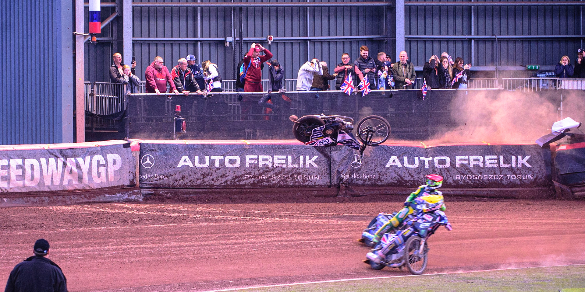 MANCHESTER, UK. OCT 16TH Tai Woffinden of Great Britain falls and hits the airfence during the Monster Energy FIM Speedway of Nations at the National Speedway Stadium, Manchester on Saturday  16th October 2021. (Credit: Ian Charles | MI News)
