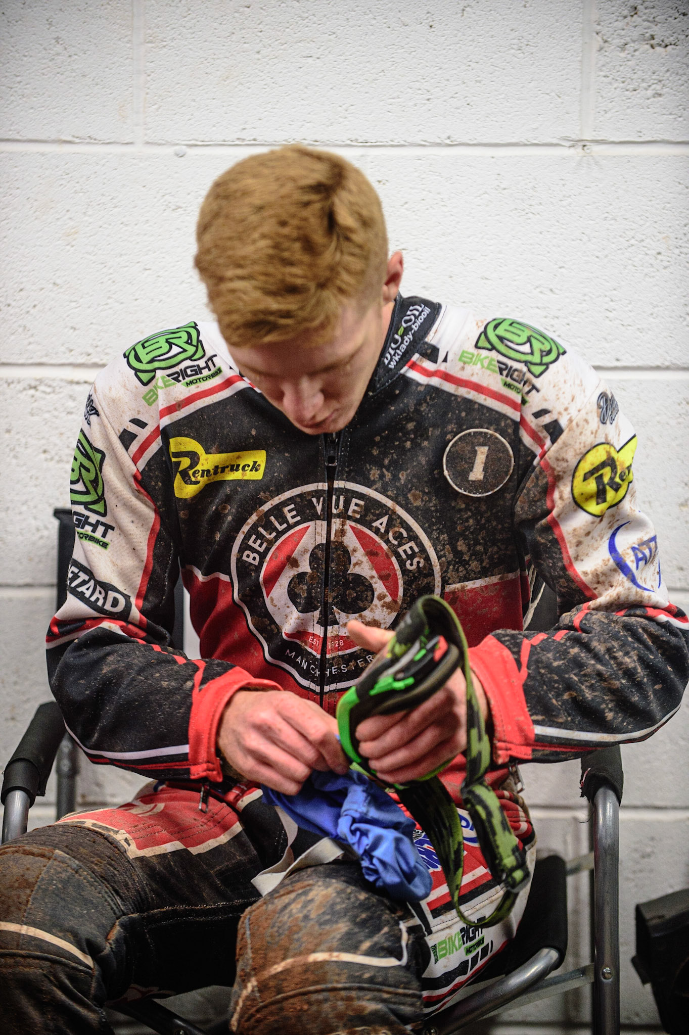 MANCHESTER, UK. OCT 11TH  Dan Bewley  prepares for his next heat during the SGB Premiership Grand Final 1st Leg between Belle Vue Aces and Peterborough Panthers at the National Speedway Stadium, Manchester on Monday 11th October 2021. (Credit: Ian Charles | MI News)