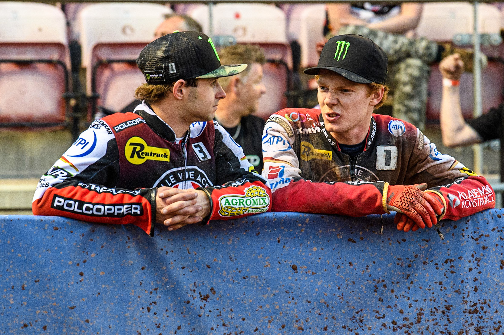 Jaimon Lidsey (left) chats with team mate Dan Bewley during the Sports Insure Premiership match between Belle Vue Aces and King's Lynn Stars at the National Speedway Stadium, Manchester on Monday 12th June 2023. (Photo: Ian Charles | MI News)