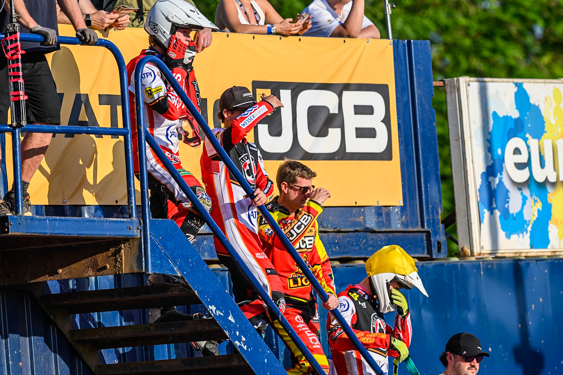 Riders watch the first heat during the Rowe Motor Oil Premiership match between Leicester Lions and Belle Vue Aces at the Hydroscand Arena, Leicester on Thursday 19th June 2025. (Photo: Ian Charles |MI News)