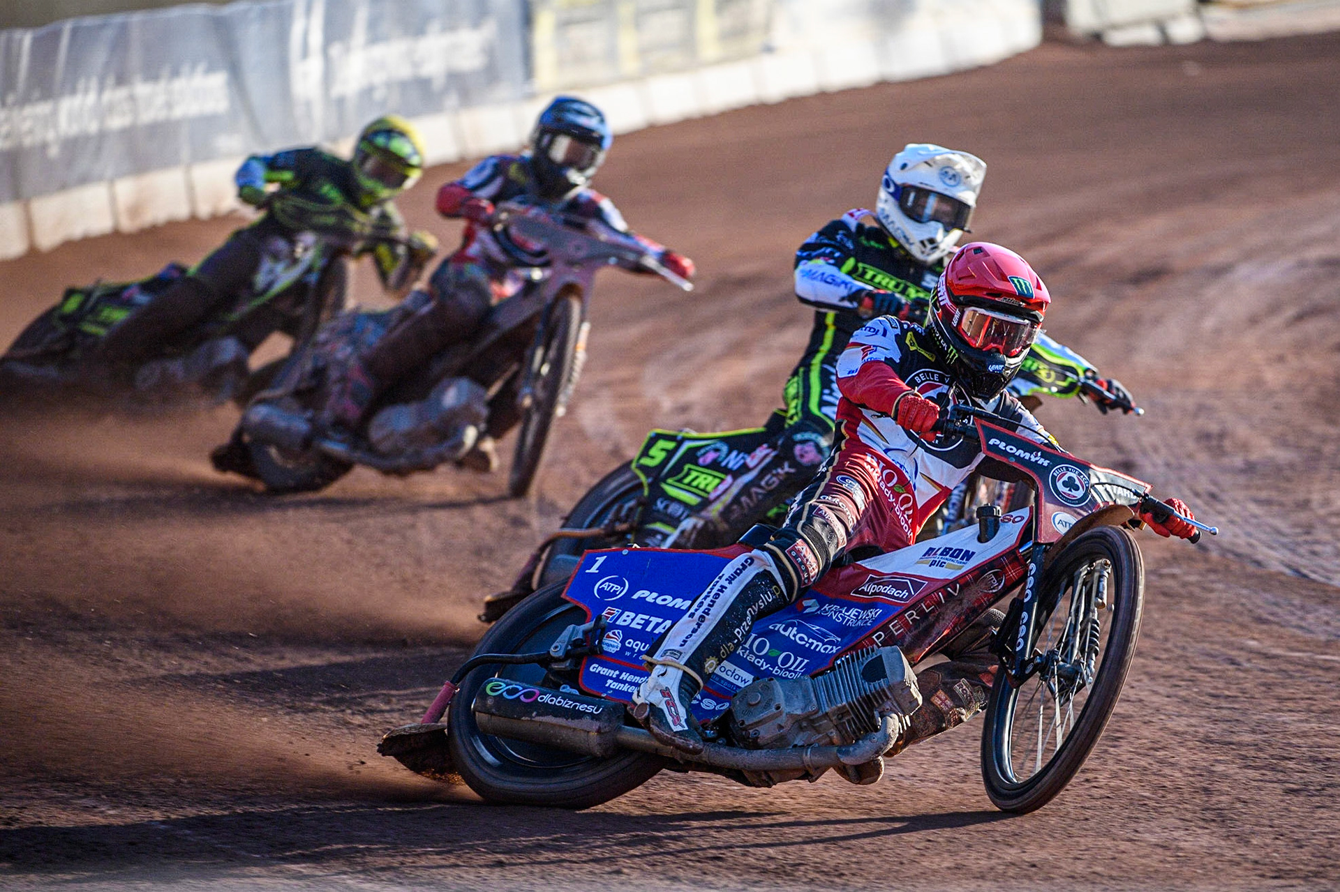 Dan Bewley (Red) leads Emil Sayfutdinov (White), Tom Brennan (Blue) and Joe Thompson (Yellow) during the Sports Insure Premiership match between Belle Vue Aces and Ipswich Witches at the National Speedway Stadium, Manchester on Monday 5th June 2023. (Photo: Ian Charles | MI News)