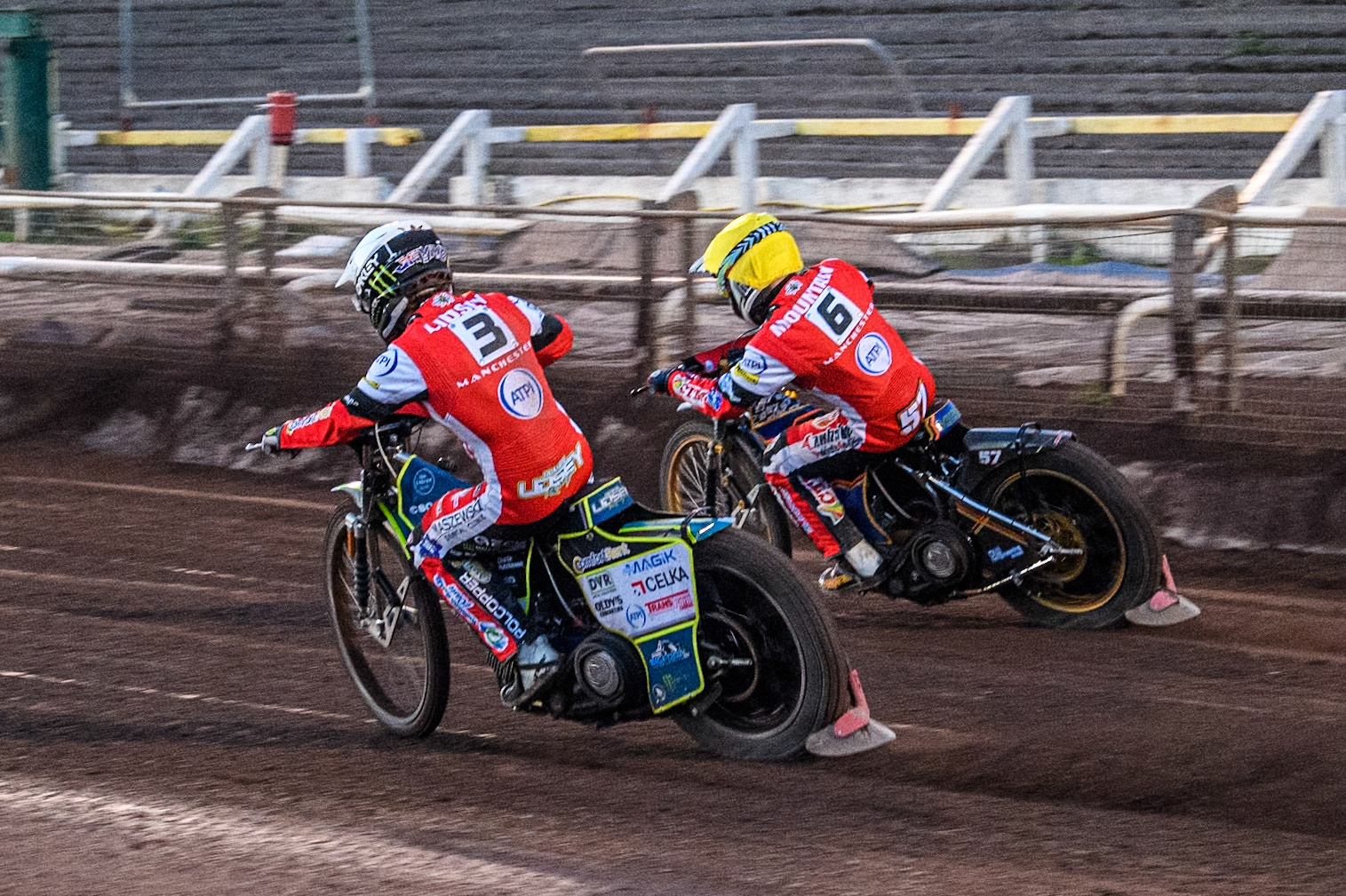 Belle Vue Aces' Jaimon Lidsey  in White rides inside team mate Belle Vue Aces' Connor Mountain  in Yellow during the Premiership KO Cup Quarter Final, 2nd Leg match between Sheffield Tigers and Belle Vue Aces at Owlerton Stadium, Sheffield on Thursday 9th May 2024. (Photo: Ian Charles | MI News)