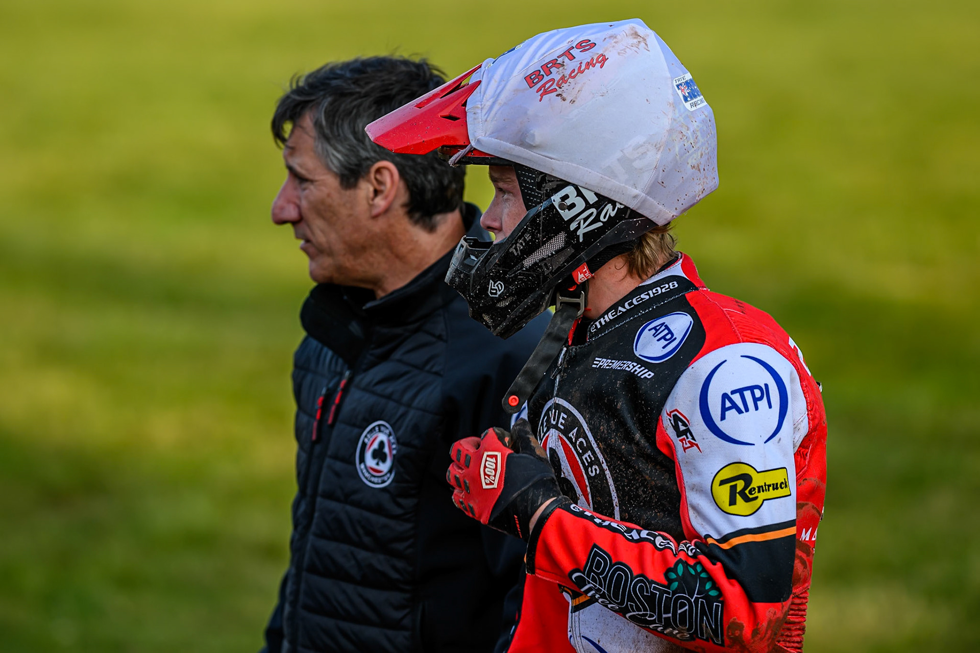 Belle Vue Aces' Team Manager Mark Lemon (Left) with Belle Vue Aces' Tate Zischke after his Heat 2 fall during the Rowe Motor Oil Premiership match between Birmingham Brummies and Belle Vue Aces at Perry Bar Stadium, Birmingham on Monday 2nd June 2025. (Photo: Ian Charles | MI News)