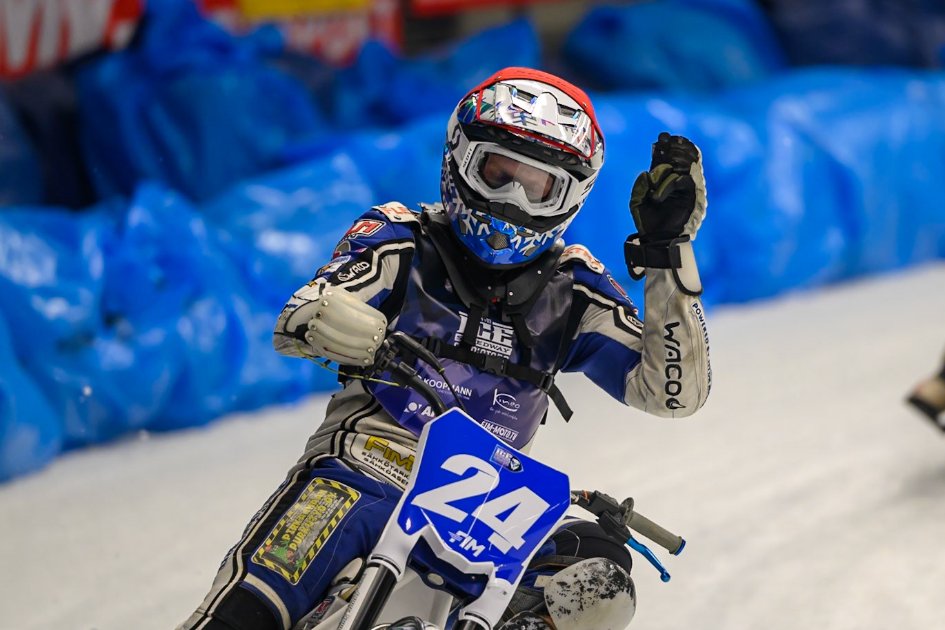 Max Koivula (24) of Finland  celebrates his heat 11 win during the Ice Speedway Gladiators World Championship Final 1 at Max-Aicher-Arena, Inzell on Saturday 14th March 2026. (Photo: Ian Charles | MI News)