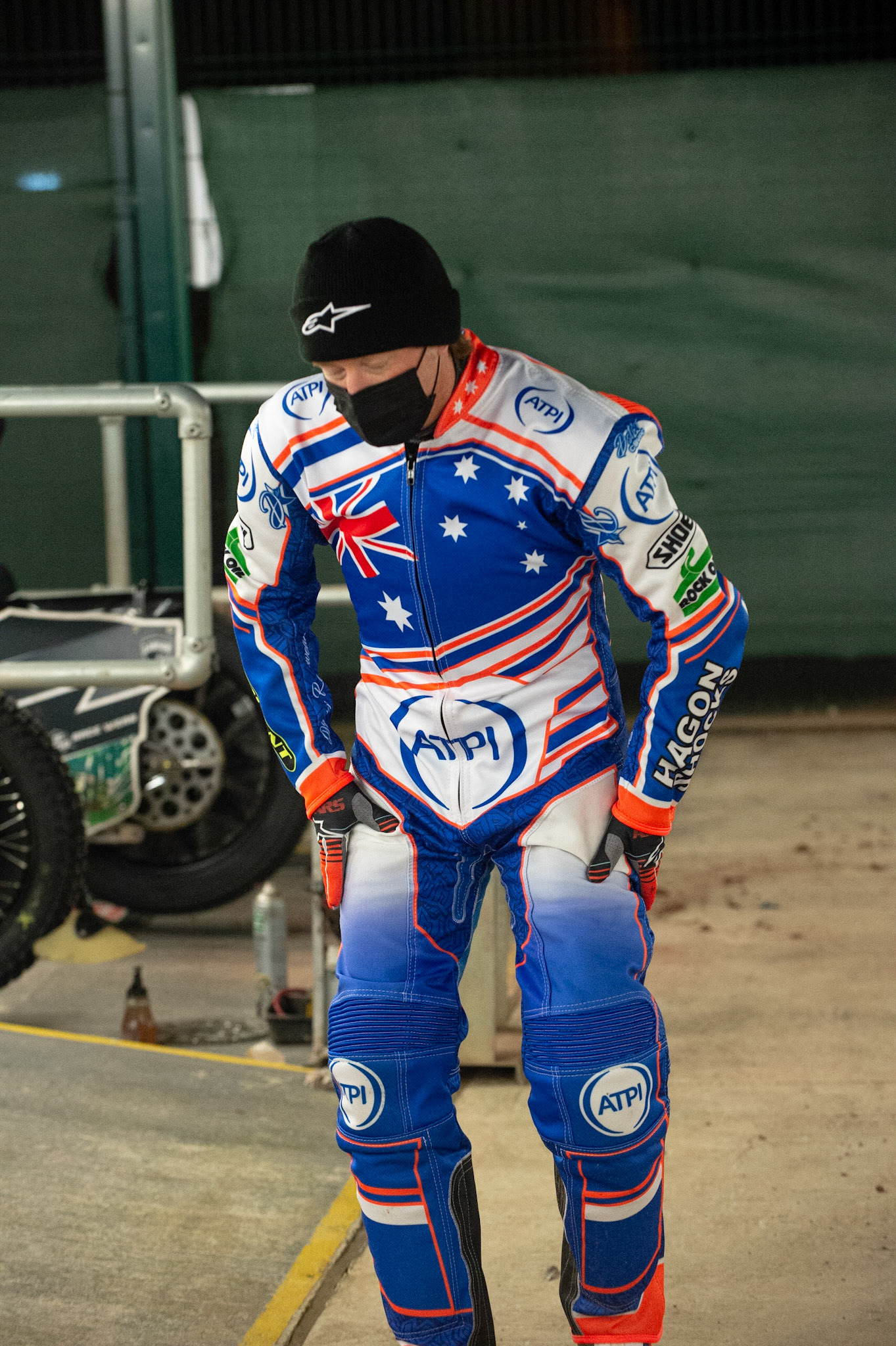 Photo: Ian CharlesJason Crump does some stretching exercises before the meetingPeter Craven Memorial Trophy, National Speedway Stadium, Manchester Thursday  22  October  2020