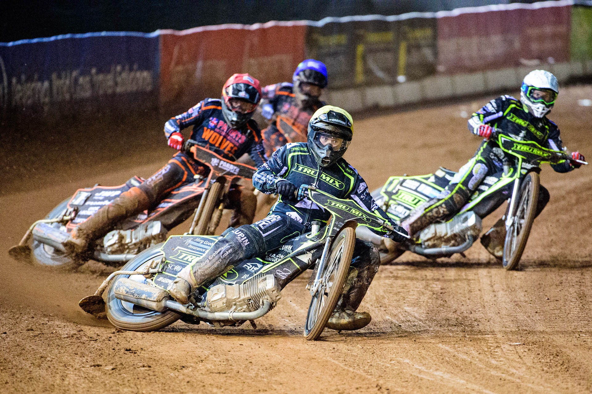 Erik Riss (Yellow) leads Jason Doyle (White) Sam Masters (Red) and Ryan Douglas (Blue) during the Grant Henderson Pairs at the National Speedway Stadium, Manchester on Thursday 27th October 2022. (Credit: Ian Charles | MI NEWS)