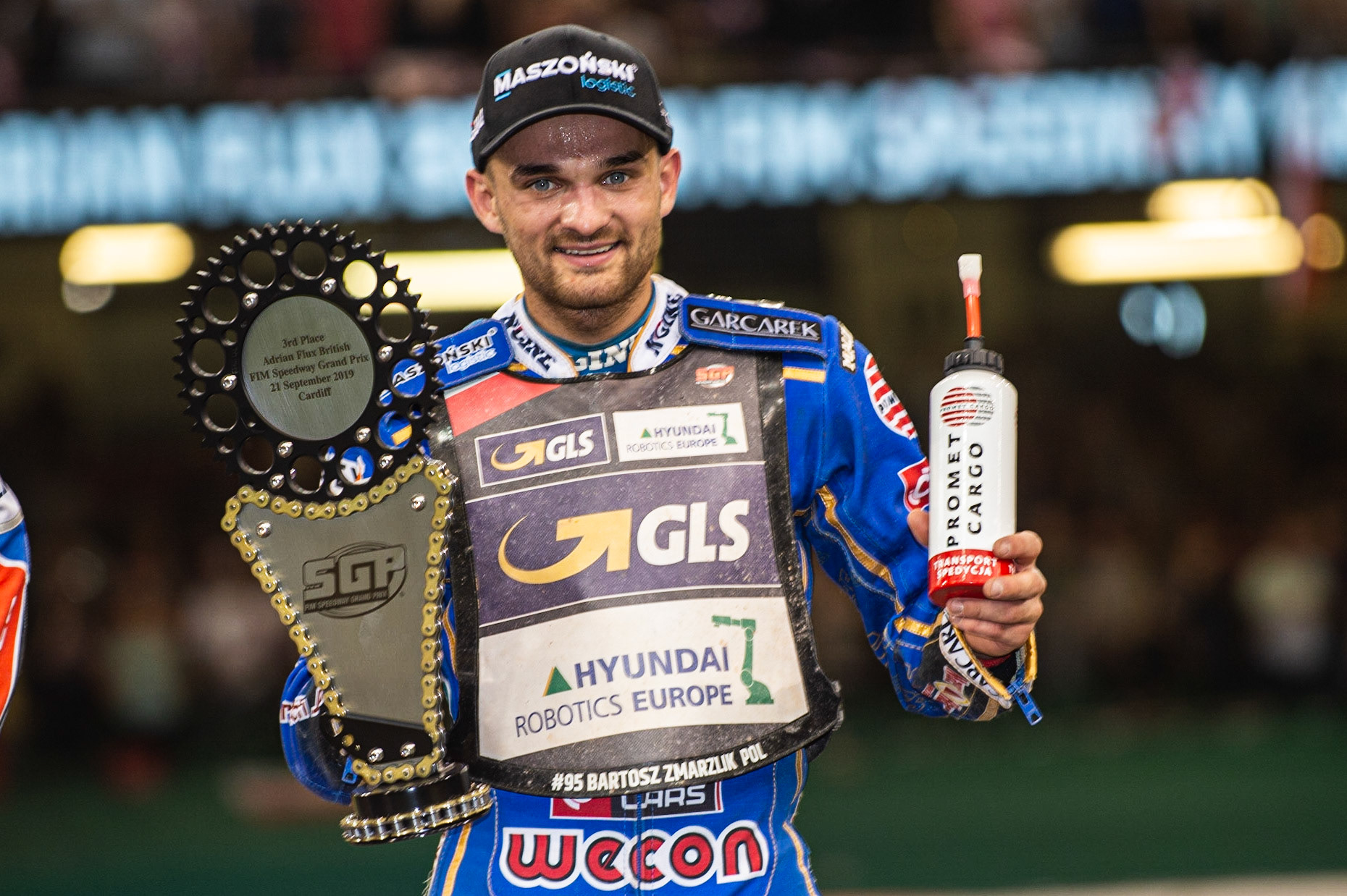 CARDIFF,WALES Bartoz Zmarzlik with his third place trophy during the ADRIAN FLUX BRITISH FIM SPEEDWAY GRAND PRIX at the Principality Stadium, Cardiff on Saturday 21st September 2019. (Credit: Ian Charles | MI News)