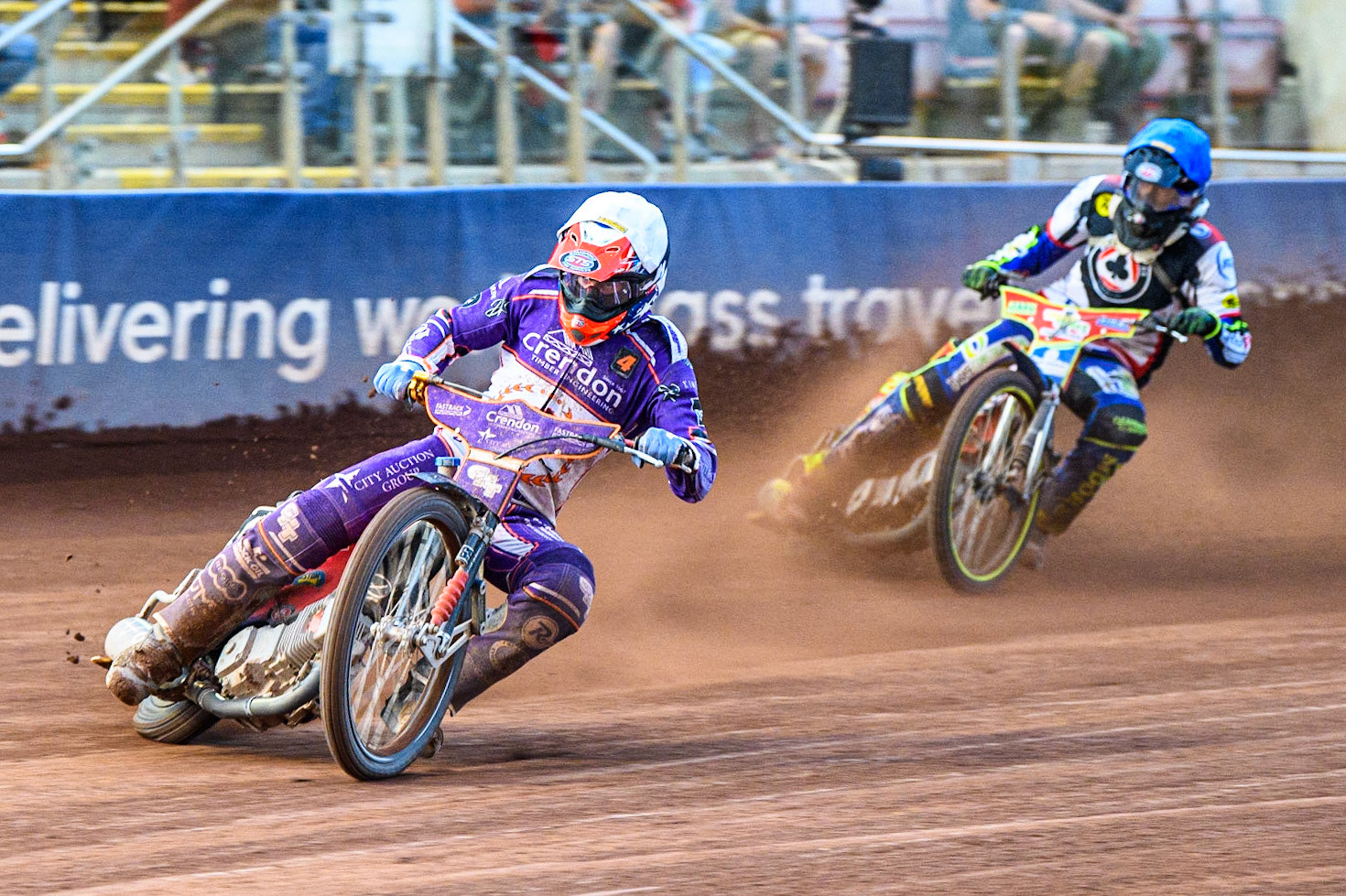 Richie Worrall (White) leads Simon Lambert (Blue) during the Sports Insure Premiership match between Belle Vue Aces and Peterborough at the National Speedway Stadium, Manchester on Monday 19th June 2023. (Photo: Ian Charles | MI News)