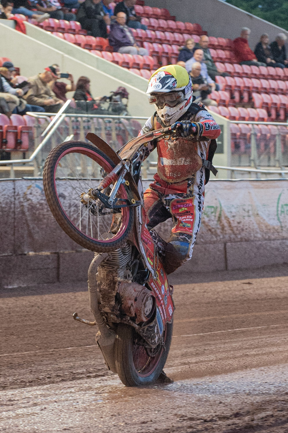 Photo: Ian Charles

Drew Kemp pulls a wheelie

Belle Vue Colts v Kent Kings, SGB National League, Belle Vue National Speedway Stadium, Manchester, Thursday 1  August  2019