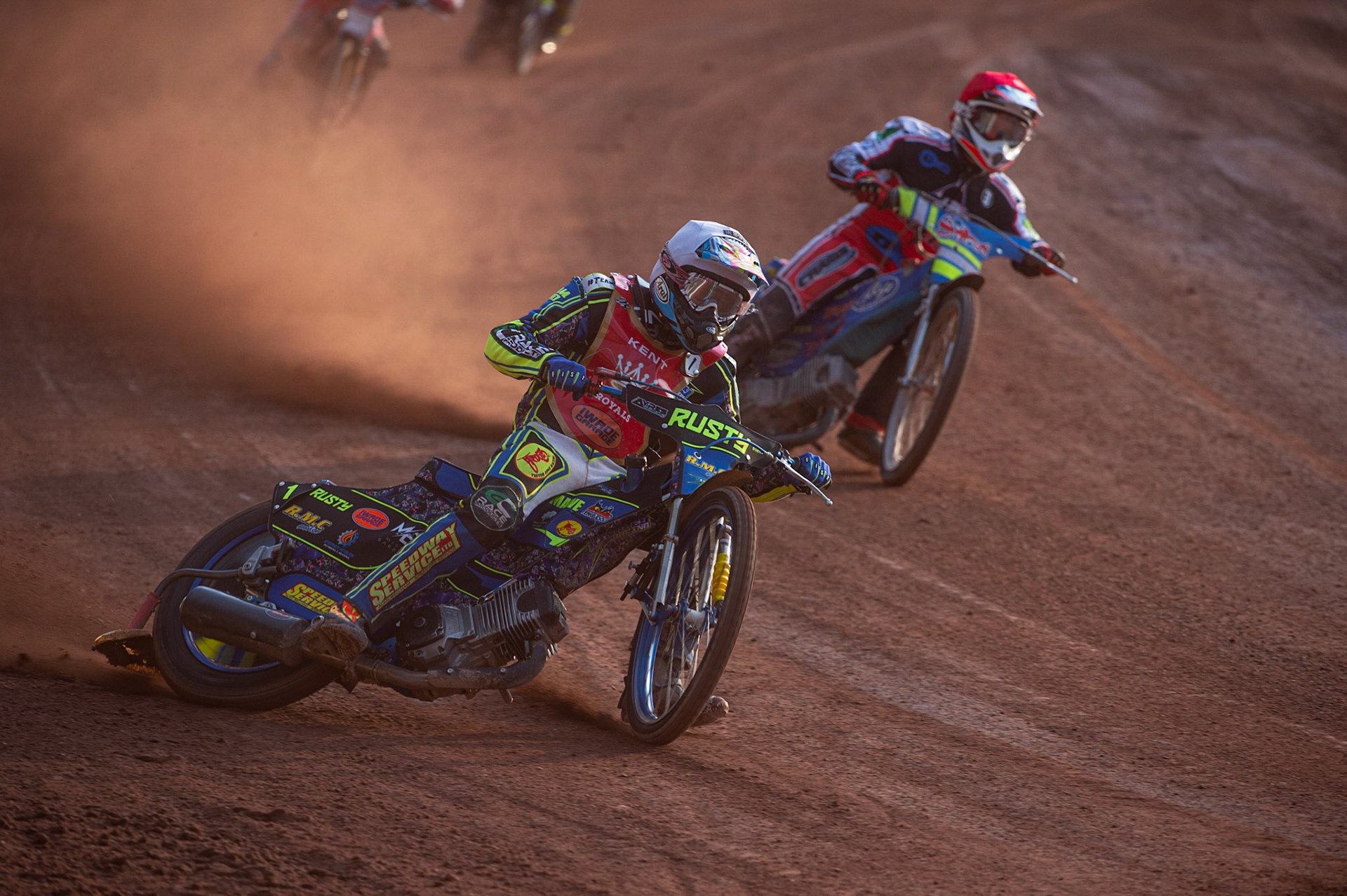 MANCHESTER, UK. JULY 2ND  Ryan Kinsley  (White) leads Benji Compton  (Red) during the National Development League match between Belle Vue Colts and Kent Royals at the National Speedway Stadium, Manchester on Friday 2nd July 2021. (Credit: Ian Charles | MI News)