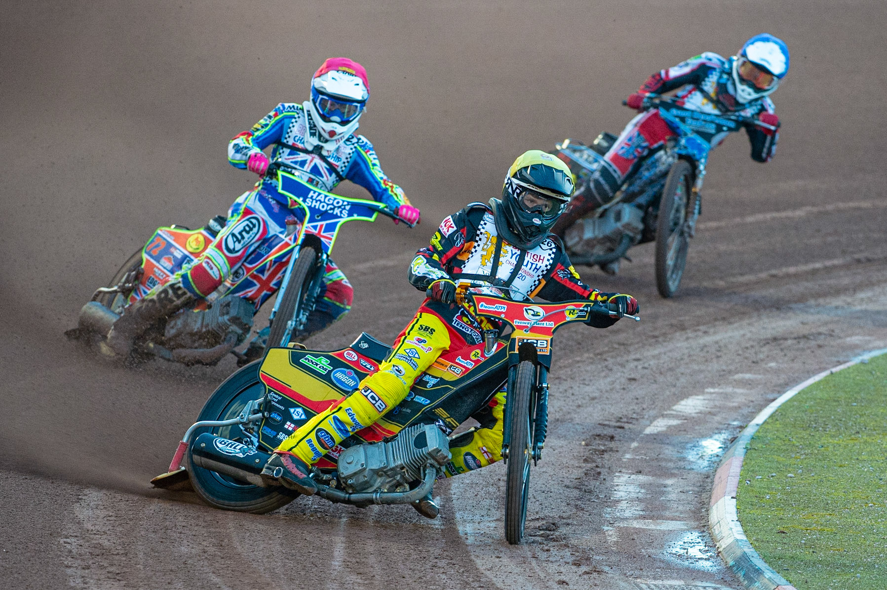 Photo: Ian CharlesDan Thompson (Yellow) leads Jake Mulford (Red) and Harry McGurk (Blue)  (500cc A Class)British Youth Speedway Championship (Round 5), National Speedway Stadium, Manchester Saturday  10  October  2020