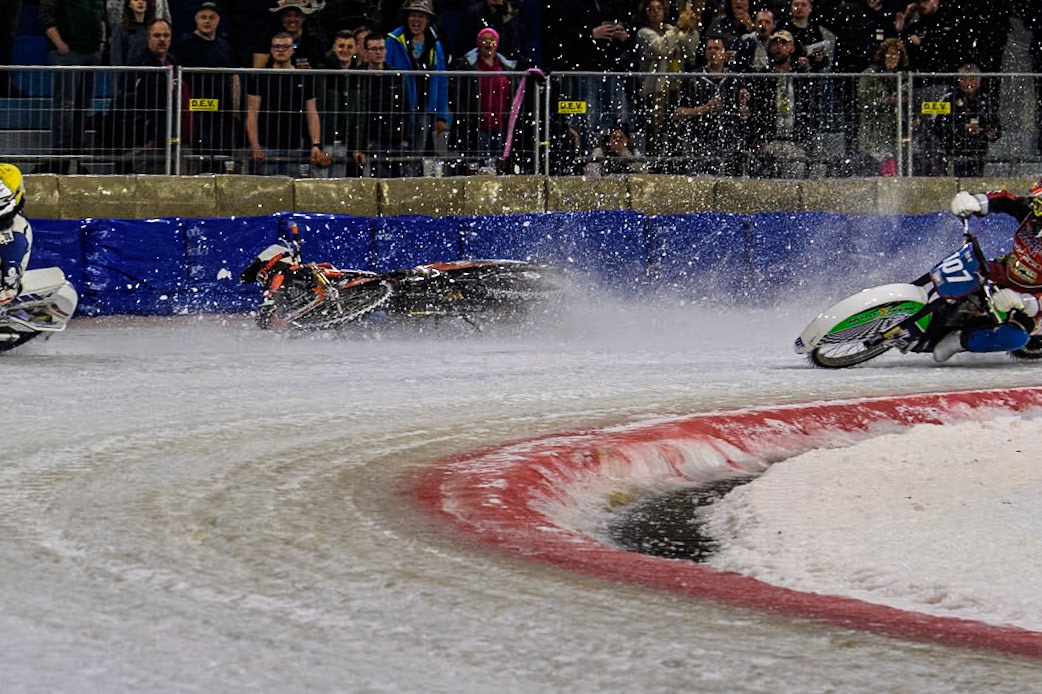 Reserve  Sweden's Filip Jäger (17) slides off into the bales during the FIM Ice Speedway Gladiators World Championship Final 3 at Ice Rink Thialf, Heerenveen on Saturday 6th April 2024. (Photo: Ian Charles | MI News)