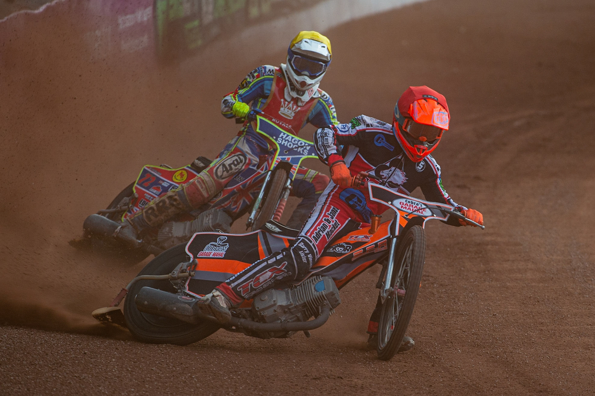 MANCHESTER, UK. JULY 2ND  Connor Coles  (Red) leads Jake Mulford  (Yellow) during the National Development League match between Belle Vue Colts and Kent Royals at the National Speedway Stadium, Manchester on Friday 2nd July 2021. (Credit: Ian Charles | MI News)